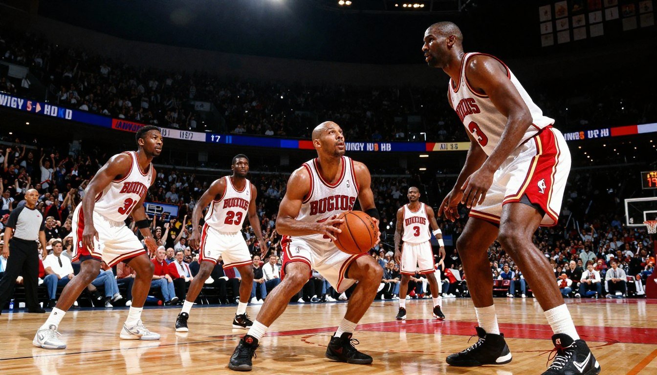 A vibrant and dynamic basketball court scene showcasing professional NBA players, highlighting shorter athletes competing against taller opponents. In the foreground, a determined player, representing Muggsy Bogues with a height of 5'3" (160 cm), skillfully dribbling the basketball while looking up at a towering defender. The middle scene features additional players of varying heights engaged in an intense game, with vivid expressions of effort and strategy. The background illustrates a cheering crowd in an indoor arena, with bright arena lights casting a warm glow over the court. The perspective captures an upward angle, emphasizing the contrast in heights. The mood is one of determination and triumph against adversity, conveying the spirit of overcoming challenges in sports.