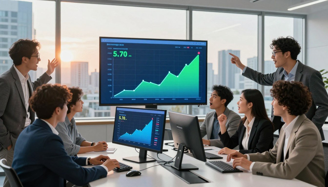 A vibrant and dynamic scene capturing the essence of a successful post-show streaming surge. In the foreground, a diverse group of business professionals in smart casual attire gather around a sleek, modern conference table, analyzing streaming statistics on ultra-high-definition monitors. Their expressions show excitement and engagement. The middle ground features digital analytics graphs visually representing the spike in viewership and sales, with colors like bright green and blue signaling growth. In the background, a stylish cityscape through large, floor-to-ceiling windows conveys a sense of connection to the bustling world outside. The lighting is bright and optimistic, reflecting an atmosphere of innovation and opportunity, with a warm glow filtering through as the sun sets. The scene as a whole conveys the powerful relationship between exposure and remuneration in the entertainment industry.