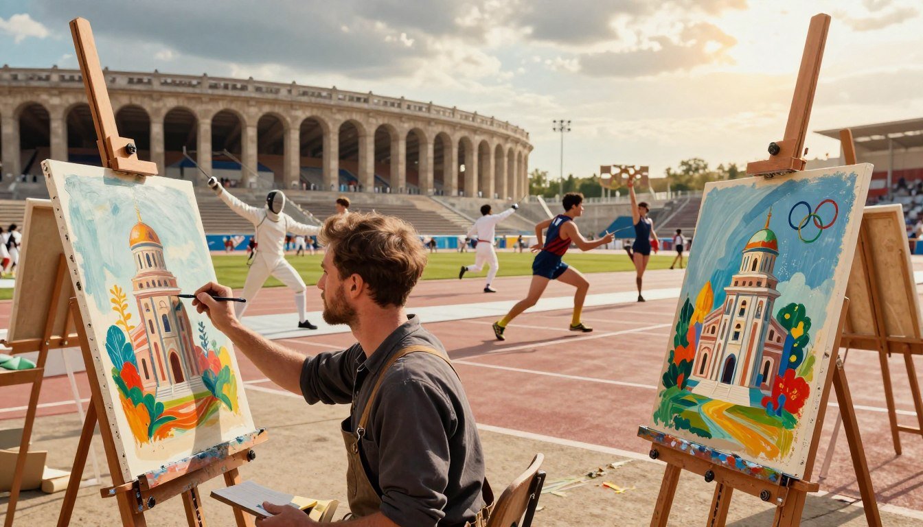 A vibrant and dynamic scene capturing the essence of creativity and competition in a historical Olympic context. In the foreground, an artist passionately painting an architectural masterpiece, surrounded by easels and vibrant colors, their canvas displaying Olympic-themed designs. The middle ground features a blend of athletes in action, elegantly showcasing various sports, such as fencing and gymnastics, wearing classic early 20th-century athletic uniforms, symbolizing the connection between art and sport. In the background, a majestic Olympic stadium under a dramatic sky, with sunlight casting a warm glow, illuminating the scene. The atmosphere should evoke a sense of inspiration and artistic passion, with a slight vintage aesthetic, reminiscent of the early 1900s. A vibrant and dynamic scene capturing the essence of creativity and competition in a historical Olympic context. In the foreground, an artist passionately painting an architectural masterpiece, surrounded by easels and vibrant colors, their canvas displaying Olympic-themed designs. The middle ground features a blend of athletes in action, elegantly showcasing various sports, such as fencing and gymnastics, wearing classic early 20th-century athletic uniforms, symbolizing the connection between art and sport. In the background, a majestic Olympic stadium under a dramatic sky, with sunlight casting a warm glow, illuminating the scene. The atmosphere should evoke a sense of inspiration and artistic passion, with a slight vintage aesthetic, reminiscent of the early 1900s.