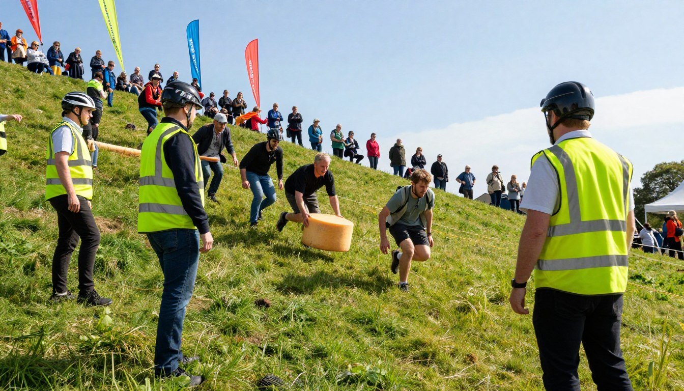 A vibrant and lively scene depicting the safety measures at the famous cheese rolling event, set on a steep grassy hill. In the foreground, a group of officials wearing bright safety vests and helmets are strategically placed, directing participants and ensuring compliance with safety protocols. In the middle, you can see participants in modest casual clothing, eagerly preparing to chase the large wheel of cheese, with expressions of excitement and anticipation. In the background, colorful banners flutter in the breeze against a clear blue sky, while a crowd of onlookers sits on the hillside, enjoying the spectacle. The sunlight casts a warm glow, highlighting the action and enthusiasm of the event, while subtle shadows add depth to the scene. The angle captures both the steep slope and the thrilling atmosphere, focusing on the heart of this quirky sporting event.