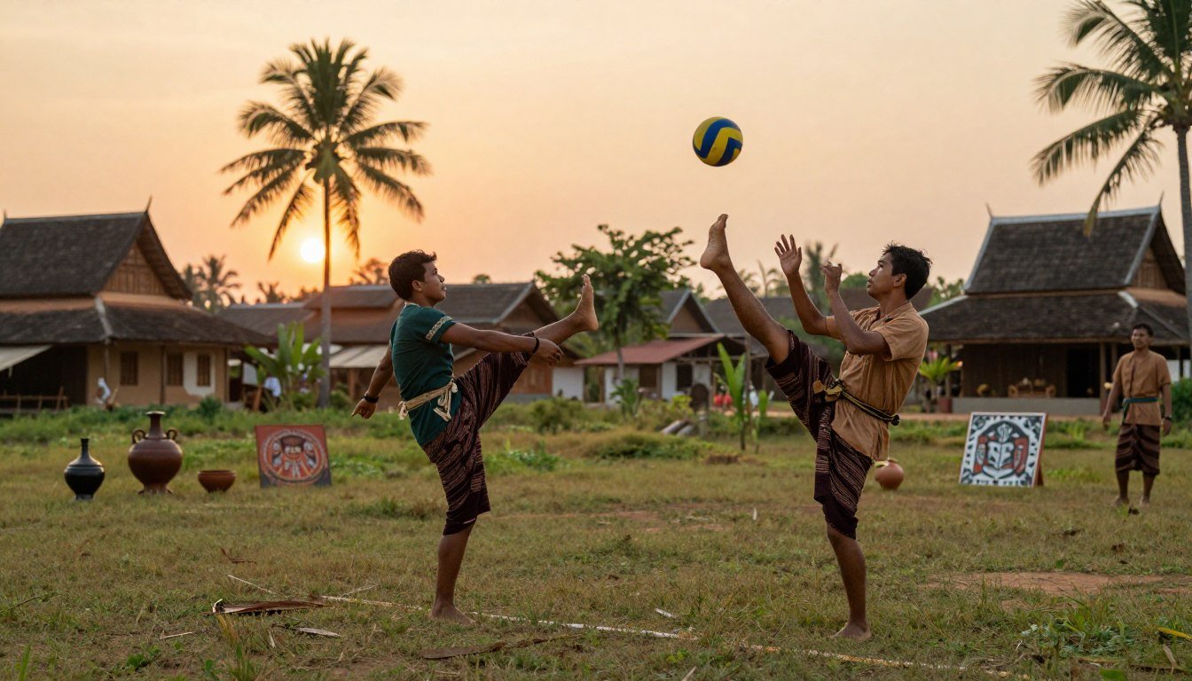 A vibrant scene capturing the history and origins of Sepak Takraw, showcasing players in traditional Southeast Asian attire gracefully performing acrobatic foot volleys. In the foreground, depict two athletes in mid-action, one executing a dramatic heel kick while the other prepares to receive the ball. The middle ground features a grassy field marked for play, with historical artifacts representing the sport's roots, such as ancient Thai pottery and decorative murals. In the background, a soft sunset casts warm golden hues over a village scene, with traditional architecture and palm trees gently swaying. The image should have a dynamic angle, emphasizing movement, with soft natural lighting creating a nostalgic and authentic atmosphere. A vibrant scene capturing the history and origins of Sepak Takraw, showcasing players in traditional Southeast Asian attire gracefully performing acrobatic foot volleys. In the foreground, depict two athletes in mid-action, one executing a dramatic heel kick while the other prepares to receive the ball. The middle ground features a grassy field marked for play, with historical artifacts representing the sport's roots, such as ancient Thai pottery and decorative murals. In the background, a soft sunset casts warm golden hues over a village scene, with traditional architecture and palm trees gently swaying. The image should have a dynamic angle, emphasizing movement, with soft natural lighting creating a nostalgic and authentic atmosphere.