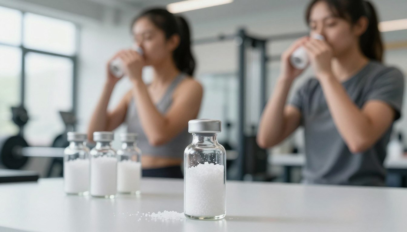 A visually engaging image depicting a set of ammonia salts, arranged neatly on a laboratory table. In the foreground, include a small, clear glass vial of ammonia salts, with a focus on its textural details and slight condensation on the surface. The middle ground features a pair of professional weightlifters, dressed in casual sports attire, each holding one of these vials up to their noses, experiencing the strong aroma before a lift. The background shows a well-lit gym environment, with weightlifting equipment subtly blurred to emphasize the subject. Use soft, natural lighting to create an inviting atmosphere, with a shallow depth of field to keep attention on the subjects and the vial. Aim for a clear, focused shot that conveys the theme of preparation and focus in athletic performance. A visually engaging image depicting a set of ammonia salts, arranged neatly on a laboratory table. In the foreground, include a small, clear glass vial of ammonia salts, with a focus on its textural details and slight condensation on the surface. The middle ground features a pair of professional weightlifters, dressed in casual sports attire, each holding one of these vials up to their noses, experiencing the strong aroma before a lift. The background shows a well-lit gym environment, with weightlifting equipment subtly blurred to emphasize the subject. Use soft, natural lighting to create an inviting atmosphere, with a shallow depth of field to keep attention on the subjects and the vial. Aim for a clear, focused shot that conveys the theme of preparation and focus in athletic performance.