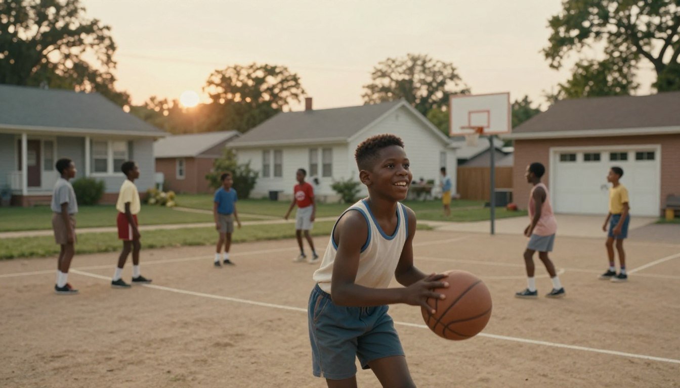 A young Wilt Chamberlain in his childhood neighborhood, capturing the essence of his early years. In the foreground, a young African American boy about 10 years old, with a bright smile and wearing modest casual clothing, is playing basketball on a dirt court surrounded by friends. In the middle ground, a few houses typical of a 1940s American neighborhood, with children playing and a basketball hoop leaning against a garage. The background features trees and a setting sun, casting warm, golden light that enhances a nostalgic atmosphere. The image should evoke a sense of innocence and determination, with a slightly blurred depth of field focusing on young Wilt. A young Wilt Chamberlain in his childhood neighborhood, capturing the essence of his early years. In the foreground, a young African American boy about 10 years old, with a bright smile and wearing modest casual clothing, is playing basketball on a dirt court surrounded by friends. In the middle ground, a few houses typical of a 1940s American neighborhood, with children playing and a basketball hoop leaning against a garage. The background features trees and a setting sun, casting warm, golden light that enhances a nostalgic atmosphere. The image should evoke a sense of innocence and determination, with a slightly blurred depth of field focusing on young Wilt.