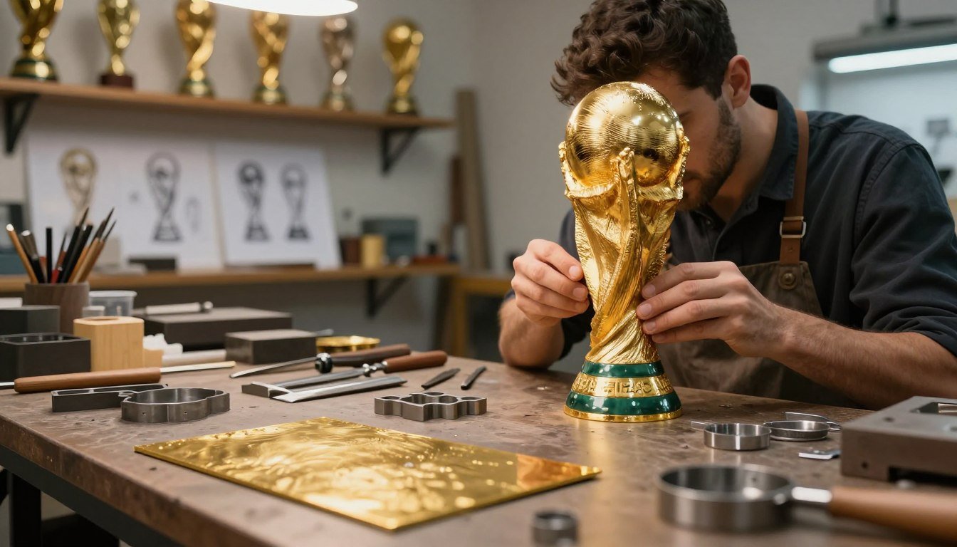 Visualize the intricate details of the FIFA World Cup trophy construction. In the foreground, a close-up of gold and silver materials spread across a textured workbench, including sheets of solid gold, crafted molds, and essential tools used in trophy manufacturing. The middle ground features a skilled artisan wearing professional attire, meticulously assembling parts of the trophy with a focus on precision and craftsmanship. In the background, a softly lit workshop environment showcases shelves filled with trophies and design sketches, enhancing the atmosphere of creativity and dedication. The lighting is warm and inviting, highlighting the reflective surfaces of the materials, while the angle of the shot captures the delicate process from an engaging perspective. Aim for a mood of innovation and artistry, emphasizing the lore behind one of the world's most prestigious awards.