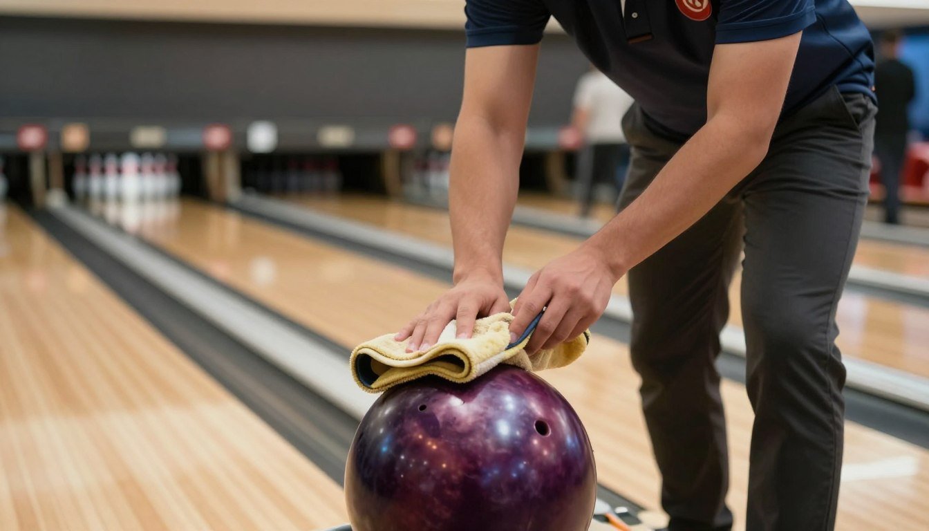 A close-up view focusing on a professional bowler in a bowling alley, holding a small, plush towel, gently rubbing it on a bowling ball. The bowler is wearing a sleek, modern bowling shirt and comfortable pants, showcasing a focused expression as they prepare for their shot. In the foreground, the towel's texture and colors contrast with the shiny surface of the bowling ball. The middle ground features a well-maintained bowling lane with polished wood and shining pins, while the background includes blurred silhouettes of other bowlers to emphasize the atmosphere. Soft, warm lighting illuminates the scene, creating an inviting and intense mood, ideal for capturing the ritual of preparation in bowling.