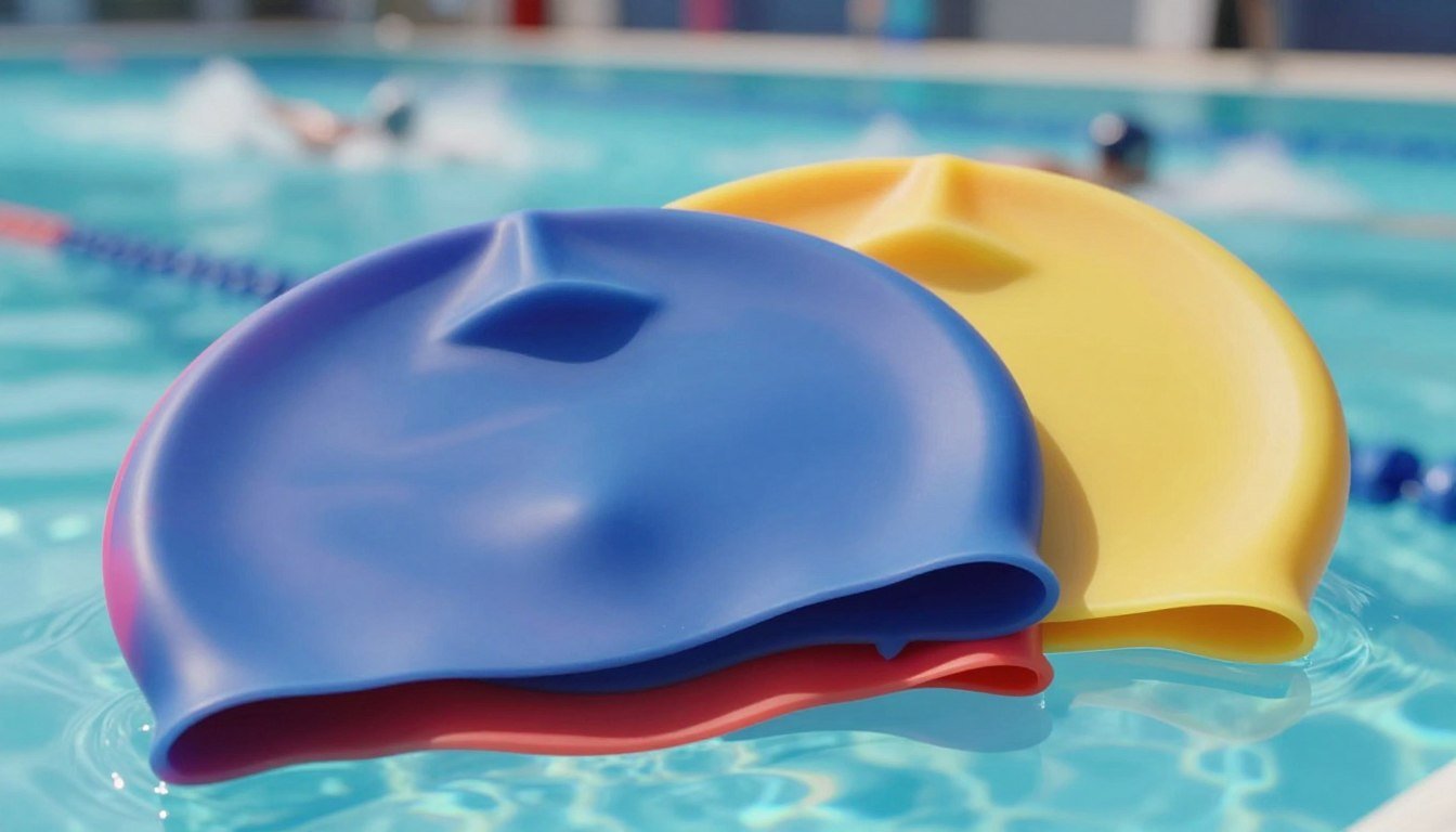 A close-up view of two sleek silicone swim caps layered on top of each other, showcasing their smooth, glossy texture and dynamic colors. In the foreground, the caps are prominently displayed with subtle reflections of light highlighting their contours. In the middle ground, the caps are set against a softly blurred backdrop of a swimming pool environment, with gentle ripples and the faint outline of swimmers in the distance, creating a sense of motion. The lighting is bright and clear, emulating a sunlit pool area to enhance the vibrant colors of the caps while casting gentle shadows. The overall mood is energetic and focused, inspiring a sense of athleticism and professionalism, suitable for the subject of swim performance.