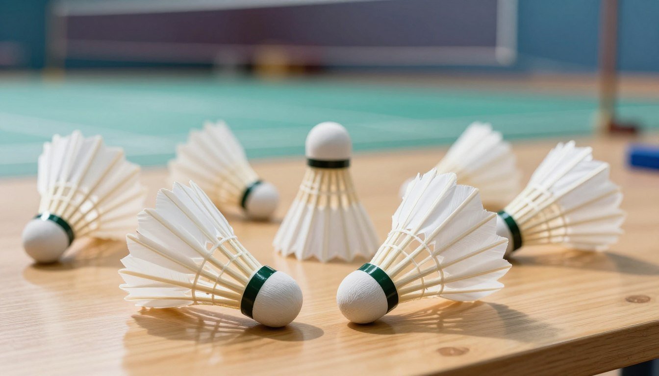 A detailed display of various types of badminton shuttlecocks, arranged artfully on a smooth wooden surface. In the foreground, focus on two distinct shuttlecocks: one made of natural goose feathers showcasing their delicate construction, and another composed of durable nylon, highlighting its sturdiness. In the middle ground, include additional shuttlecocks of different designs and materials, creating a sense of variety. The background should feature a soft-focus badminton court, with subtle hints of nets and lines, emphasizing the sport's environment. Use natural, diffused lighting to enhance the textures of the shuttlecocks while casting gentle shadows, evoking an inviting and informative atmosphere, ideal for an educational context about badminton. A detailed display of various types of badminton shuttlecocks, arranged artfully on a smooth wooden surface. In the foreground, focus on two distinct shuttlecocks: one made of natural goose feathers showcasing their delicate construction, and another composed of durable nylon, highlighting its sturdiness. In the middle ground, include additional shuttlecocks of different designs and materials, creating a sense of variety. The background should feature a soft-focus badminton court, with subtle hints of nets and lines, emphasizing the sport's environment. Use natural, diffused lighting to enhance the textures of the shuttlecocks while casting gentle shadows, evoking an inviting and informative atmosphere, ideal for an educational context about badminton.