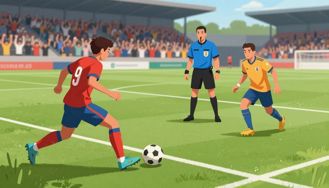 A detailed illustration of a soccer pitch highlighting the offside rule, designed as a practical guide. In the foreground, a clear depiction of two players in action: one in a vibrant jersey actively pursuing the ball, while the other, slightly behind, is positioned at the offside line. In the middle ground, a referee with a whistle, observing the play with focused intent, dressed in professional attire. The background features a stadium filled with cheering fans, creating an immersive atmosphere. The image is bathed in bright daylight, casting soft shadows and enhancing clarity. The angle is slightly elevated to capture the dynamic movement and position of players effectively, conveying the excitement and complexity of the offside rule in soccer. A detailed illustration of a soccer pitch highlighting the offside rule, designed as a practical guide. In the foreground, a clear depiction of two players in action: one in a vibrant jersey actively pursuing the ball, while the other, slightly behind, is positioned at the offside line. In the middle ground, a referee with a whistle, observing the play with focused intent, dressed in professional attire. The background features a stadium filled with cheering fans, creating an immersive atmosphere. The image is bathed in bright daylight, casting soft shadows and enhancing clarity. The angle is slightly elevated to capture the dynamic movement and position of players effectively, conveying the excitement and complexity of the offside rule in soccer.