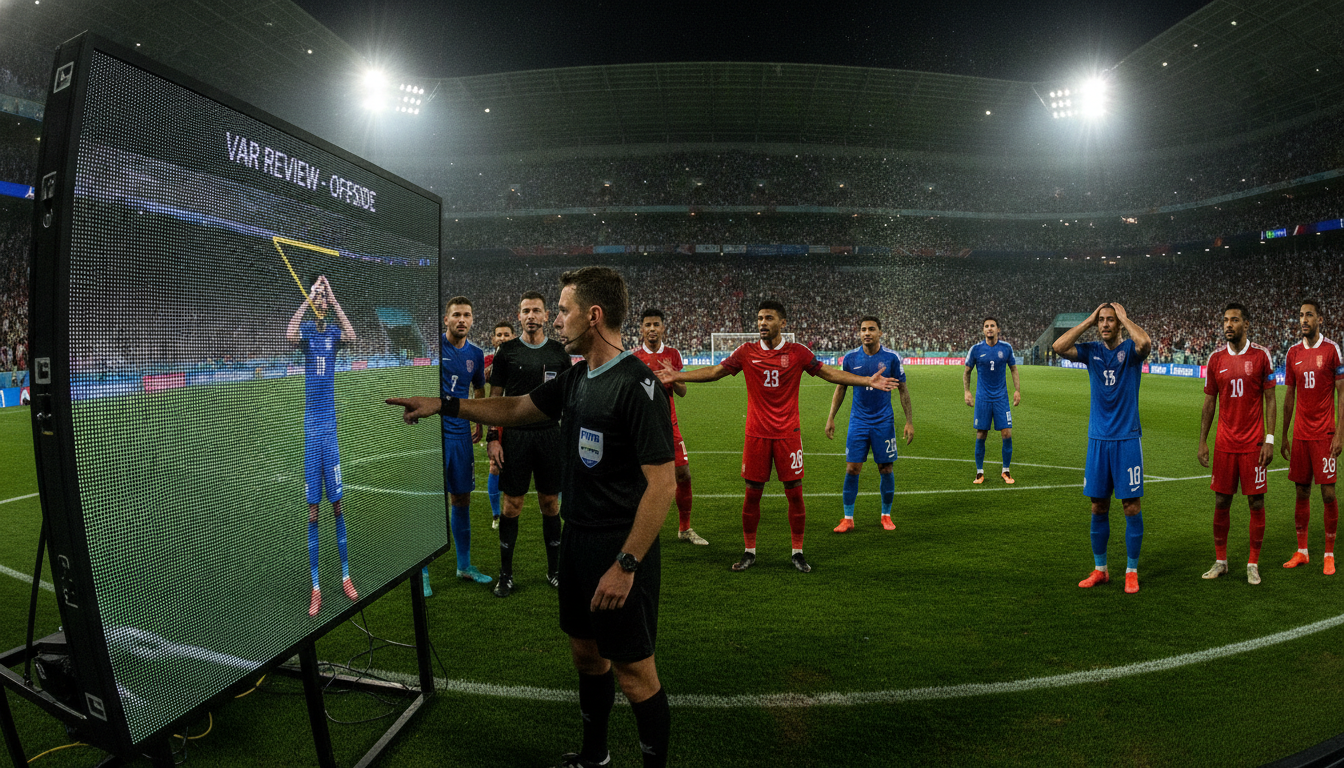 A dramatic football stadium setting during a pivotal match, capturing the essence of the VAR (Video Assistant Referee) technology in action. In the foreground, a professional referee stands confidently next to a large video screen displaying a VAR replay, analyzing a close offside call. The middle ground features intense football players in action, wearing kits representing various national teams, their expressions a mix of frustration and anticipation. The background showcases a packed stadium filled with cheering fans, their faces lit by the glow of stadium lights. The atmosphere is tense and dynamic, conveying the excitement and controversy associated with the VAR. Use a wide-angle lens perspective to emphasize the scale of the scene, with dramatic lighting casting shadows, highlighting the emotions of the moment. A dramatic football stadium setting during a pivotal match, capturing the essence of the VAR (Video Assistant Referee) technology in action. In the foreground, a professional referee stands confidently next to a large video screen displaying a VAR replay, analyzing a close offside call. The middle ground features intense football players in action, wearing kits representing various national teams, their expressions a mix of frustration and anticipation. The background showcases a packed stadium filled with cheering fans, their faces lit by the glow of stadium lights. The atmosphere is tense and dynamic, conveying the excitement and controversy associated with the VAR. Use a wide-angle lens perspective to emphasize the scale of the scene, with dramatic lighting casting shadows, highlighting the emotions of the moment.