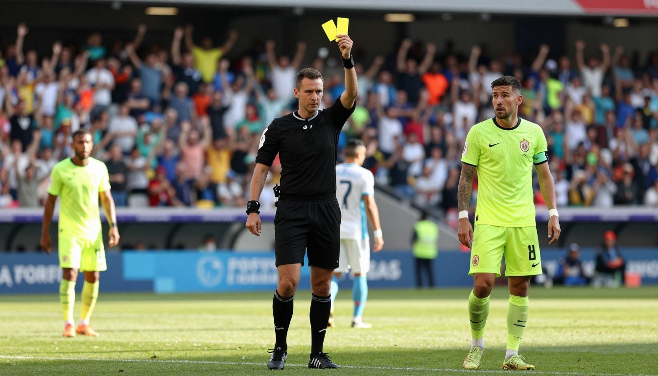 A dramatic soccer match scene capturing the moment a referee, dressed in a professional black kit, holds up three yellow cards towards a bewildered player on the field. The player, in a bright national team jersey, shows a mix of confusion and disbelief. In the background, a vibrant stadium is filled with cheering fans, all focused on the unfolding drama. The lighting is bright and intense, simulating an afternoon match with shadows cast on the grass. The angle is slightly low, emphasizing the referee's authority and the emotional weight of the moment. The atmosphere is tense, indicative of a pivotal point in the game, showcasing the gravity of this historic error. A dramatic soccer match scene capturing the moment a referee, dressed in a professional black kit, holds up three yellow cards towards a bewildered player on the field. The player, in a bright national team jersey, shows a mix of confusion and disbelief. In the background, a vibrant stadium is filled with cheering fans, all focused on the unfolding drama. The lighting is bright and intense, simulating an afternoon match with shadows cast on the grass. The angle is slightly low, emphasizing the referee's authority and the emotional weight of the moment. The atmosphere is tense, indicative of a pivotal point in the game, showcasing the gravity of this historic error.