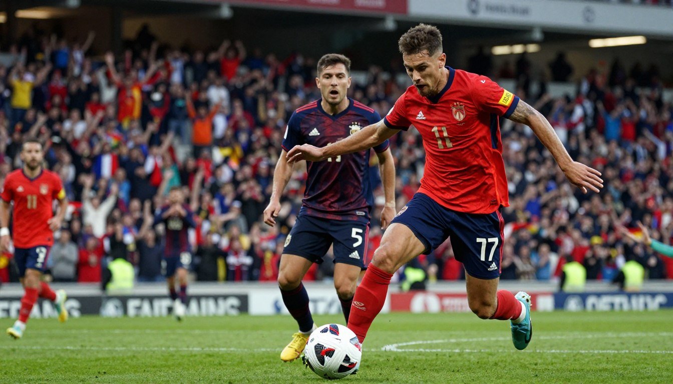 A dramatic soccer scene capturing a controversial play in a quarter-final match. In the foreground, a determined player in a vibrant team jersey, with a focused expression, reaches out with a hand to control the ball, showcasing the tension of the moment. The middle ground features a rival player in a contrasting kit, visibly reacting with disbelief. The background includes a packed stadium, filled with animated fans in various team colors, creating a lively atmosphere under bright stadium lights. The angle is slightly tilted as if from a spectator's view, emphasizing the intensity and controversy of the play. The overall mood is charged with excitement and tension, reflecting the high stakes of the match. A dramatic soccer scene capturing a controversial play in a quarter-final match. In the foreground, a determined player in a vibrant team jersey, with a focused expression, reaches out with a hand to control the ball, showcasing the tension of the moment. The middle ground features a rival player in a contrasting kit, visibly reacting with disbelief. The background includes a packed stadium, filled with animated fans in various team colors, creating a lively atmosphere under bright stadium lights. The angle is slightly tilted as if from a spectator's view, emphasizing the intensity and controversy of the play. The overall mood is charged with excitement and tension, reflecting the high stakes of the match.