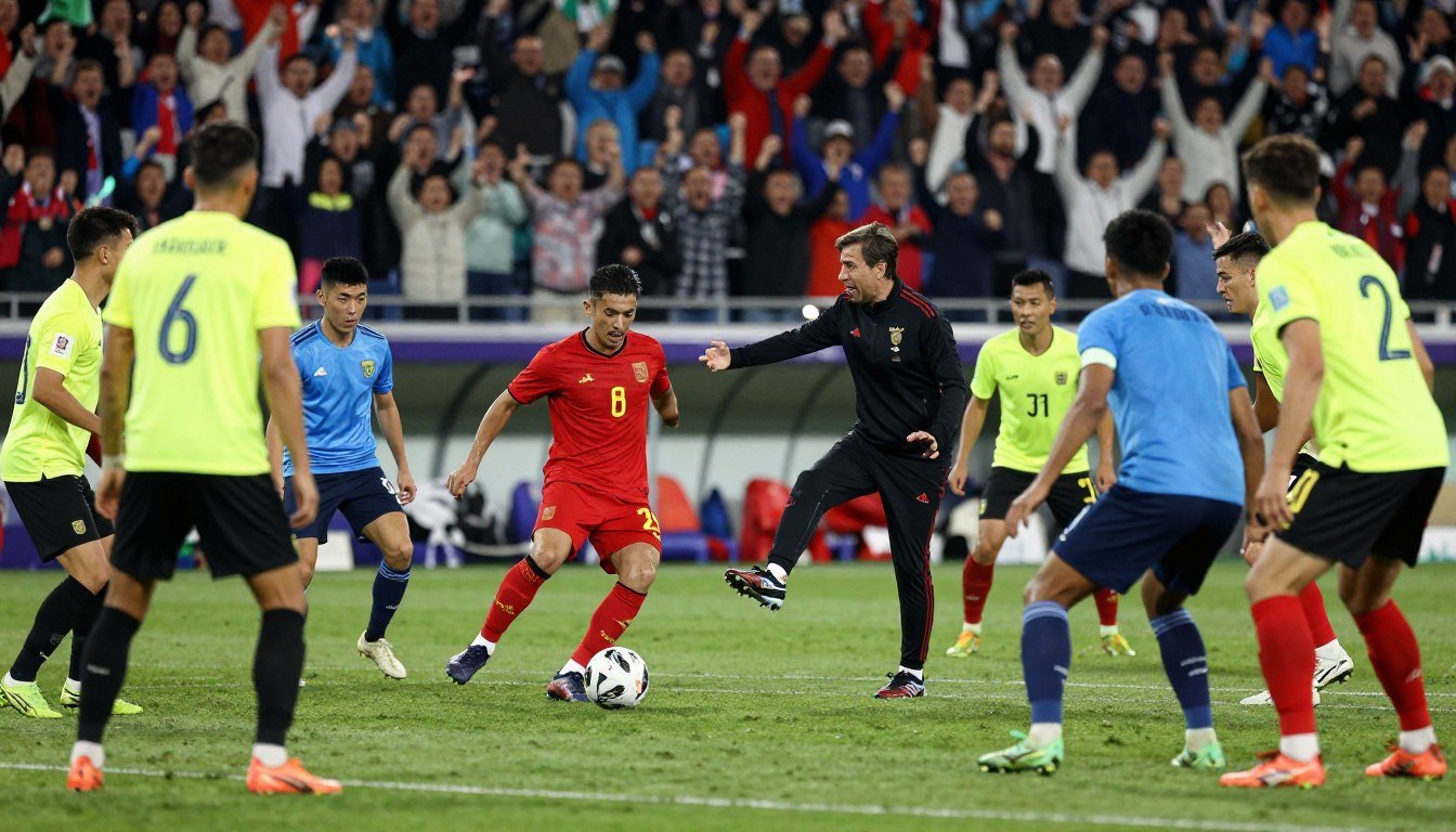 A dramatic soccer scene depicting a team strategizing on the field, focused on the concept of scoring first. In the foreground, a coach gestures passionately, surrounded by players wearing bright jerseys, their expressions filled with determination and focus. The middle ground showcases a tense atmosphere as players are set to kick off, with the opposing team lurking in the background, creating a sense of anticipation. The background features a packed stadium with fans cheering vocally, their excitement palpable. Soft, dynamic lighting illuminates the scene, highlighting the intensity of competition. Capture this moment from a low angle to emphasize the players' determination and the electric atmosphere of the game. Aim for a mood of urgency and strategy, showcasing the importance of the first goal in soccer.