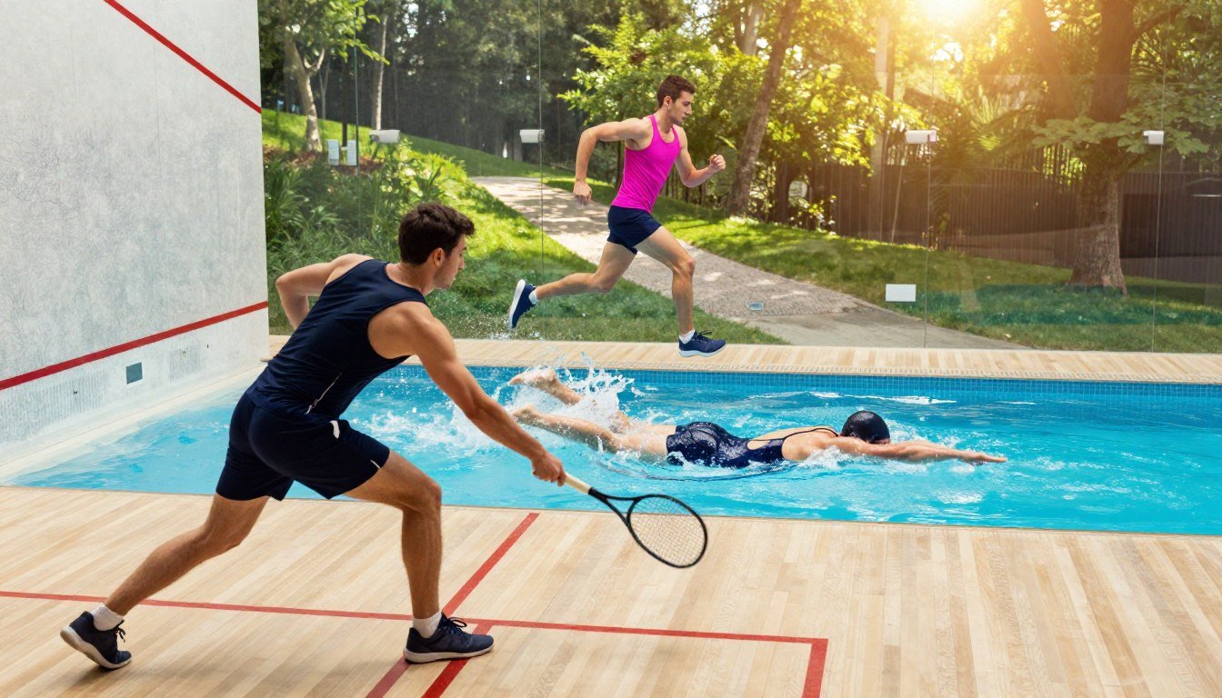 A dynamic and engaging scene showcasing a comparison of Squash, Swimming, and Running. In the foreground, a determined athlete in professional athletic attire is playing squash, positioned mid-swing, with a vivid background of a squash court. In the middle, a swimmer in a sleek swimsuit is gracefully diving into a pool, capturing the essence of water movement, while the light sparkles on the surface. In the background, a runner clad in vibrant sportswear is sprinting along a scenic trail filled with trees and sunlight, showcasing energy and motion. The lighting is bright and cheerful, conveying a sense of vitality and competition. The image should be captured from a slightly elevated angle to provide a comprehensive view, evoking an inspiring and motivational atmosphere. A dynamic and engaging scene showcasing a comparison of Squash, Swimming, and Running. In the foreground, a determined athlete in professional athletic attire is playing squash, positioned mid-swing, with a vivid background of a squash court. In the middle, a swimmer in a sleek swimsuit is gracefully diving into a pool, capturing the essence of water movement, while the light sparkles on the surface. In the background, a runner clad in vibrant sportswear is sprinting along a scenic trail filled with trees and sunlight, showcasing energy and motion. The lighting is bright and cheerful, conveying a sense of vitality and competition. The image should be captured from a slightly elevated angle to provide a comprehensive view, evoking an inspiring and motivational atmosphere.