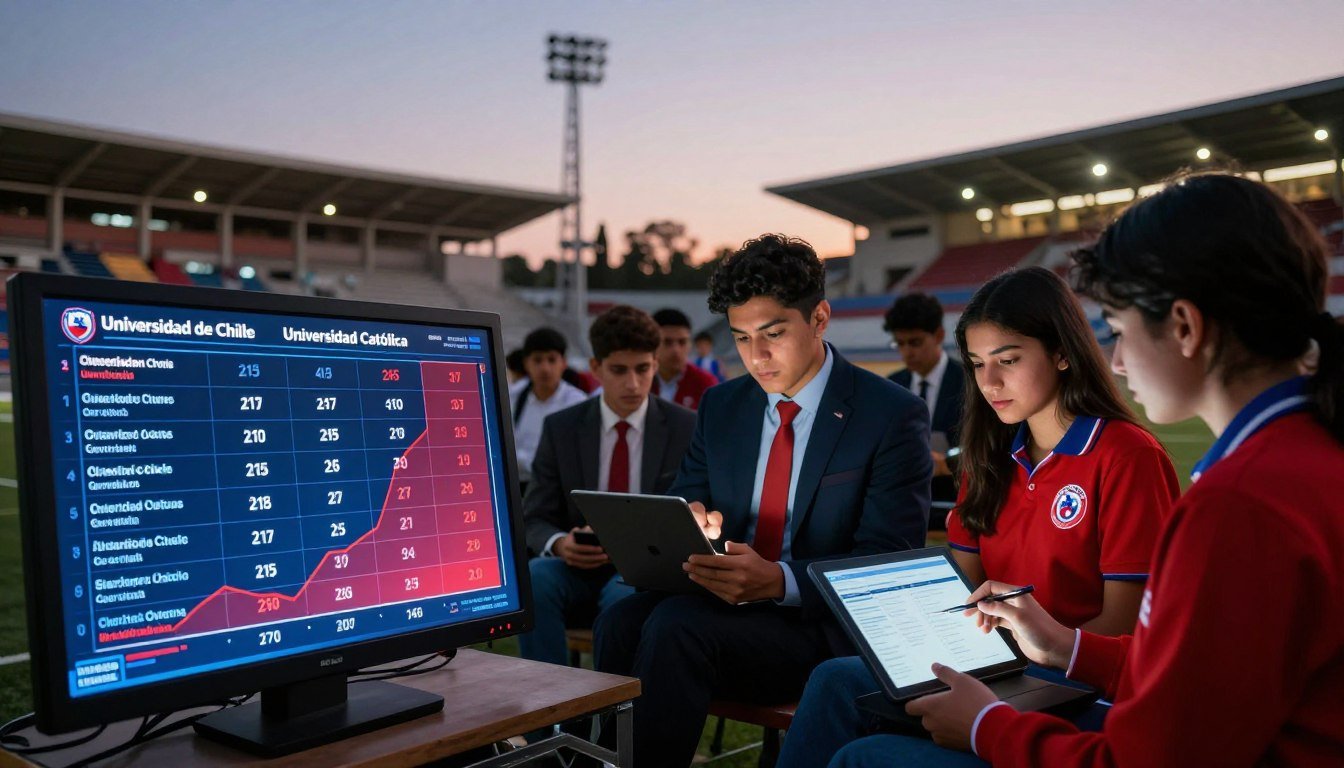 A dynamic and visually striking image representing the classic university rivalry in Chile, focusing on the historical statistics and records of Universidad de Chile and Universidad Católica. In the foreground, a graph or digital display showcasing key statistics, such as match scores, player achievements, and historical milestones, illuminated with a soft blue and red light to represent the two teams. In the middle ground, blurred silhouettes of students and alumni wearing university colors in professional attire, passionately discussing and analyzing data on tablets and laptops. The background features the iconic stadiums of both universities, subtly lit under a twilight sky, creating a nostalgic and competitive atmosphere. Use a wide-angle lens perspective to capture both the excitement and history of this academic rivalry. A dynamic and visually striking image representing the classic university rivalry in Chile, focusing on the historical statistics and records of Universidad de Chile and Universidad Católica. In the foreground, a graph or digital display showcasing key statistics, such as match scores, player achievements, and historical milestones, illuminated with a soft blue and red light to represent the two teams. In the middle ground, blurred silhouettes of students and alumni wearing university colors in professional attire, passionately discussing and analyzing data on tablets and laptops. The background features the iconic stadiums of both universities, subtly lit under a twilight sky, creating a nostalgic and competitive atmosphere. Use a wide-angle lens perspective to capture both the excitement and history of this academic rivalry.