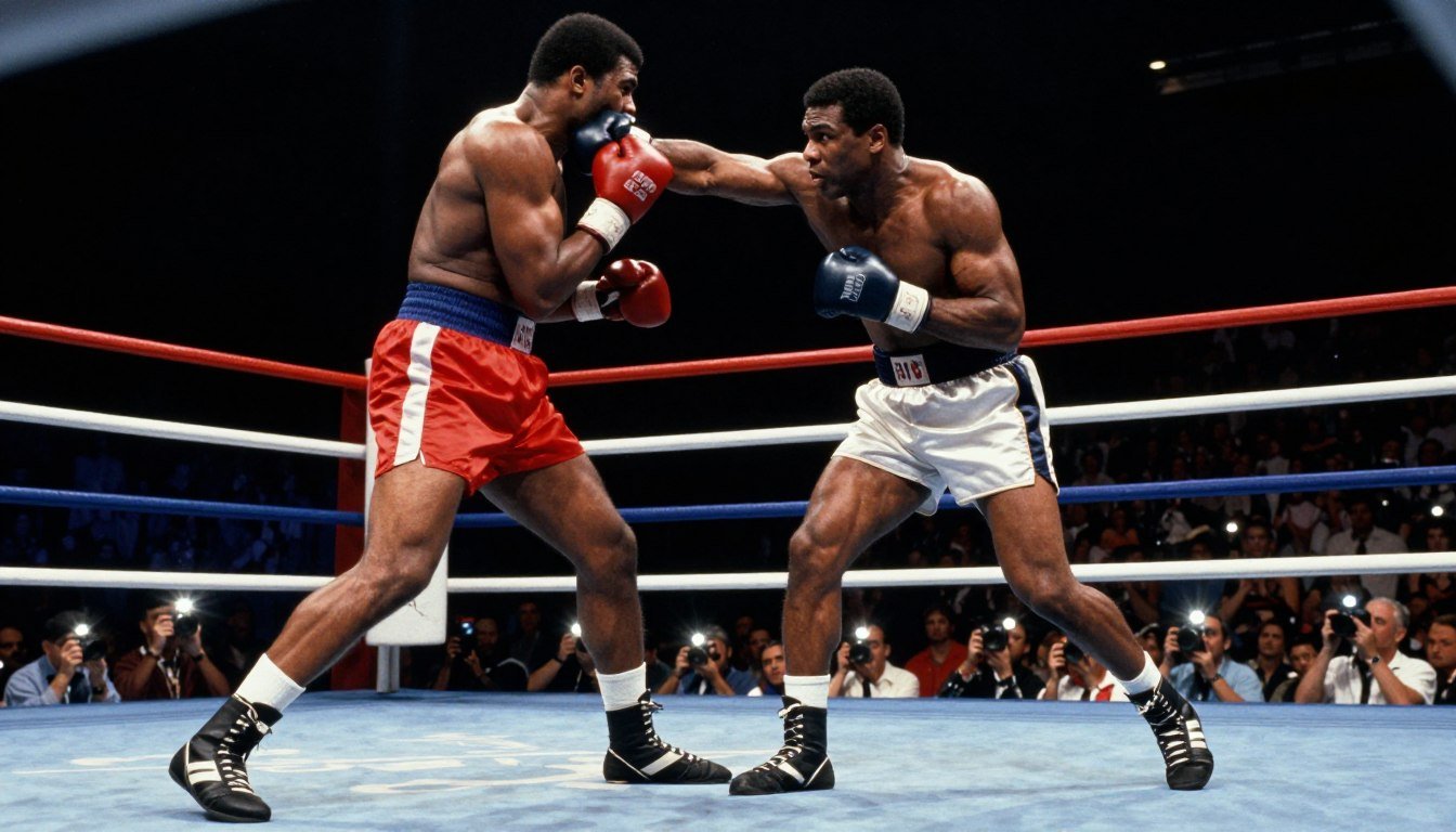 A dynamic boxing ring scene capturing Muhammad Ali in motion, showcasing his strategic footwork and precise combinations. In the foreground, Ali is depicted wearing a classic boxing outfit, emphasizing his athletic build and quickness, as he dodges punches with calculated precision. His facial expression reflects intense focus and determination. The middle ground features a blurred opponent, illustrating the tension of the moment, while the background displays an enthusiastic audience, with scattered flash photography to evoke excitement. The lighting is dramatic, highlighting Ali against the darkened arena for an electrifying atmosphere. Use a wide-angle lens effect to accentuate the intensity of the fight, creating a sense of movement and urgency.