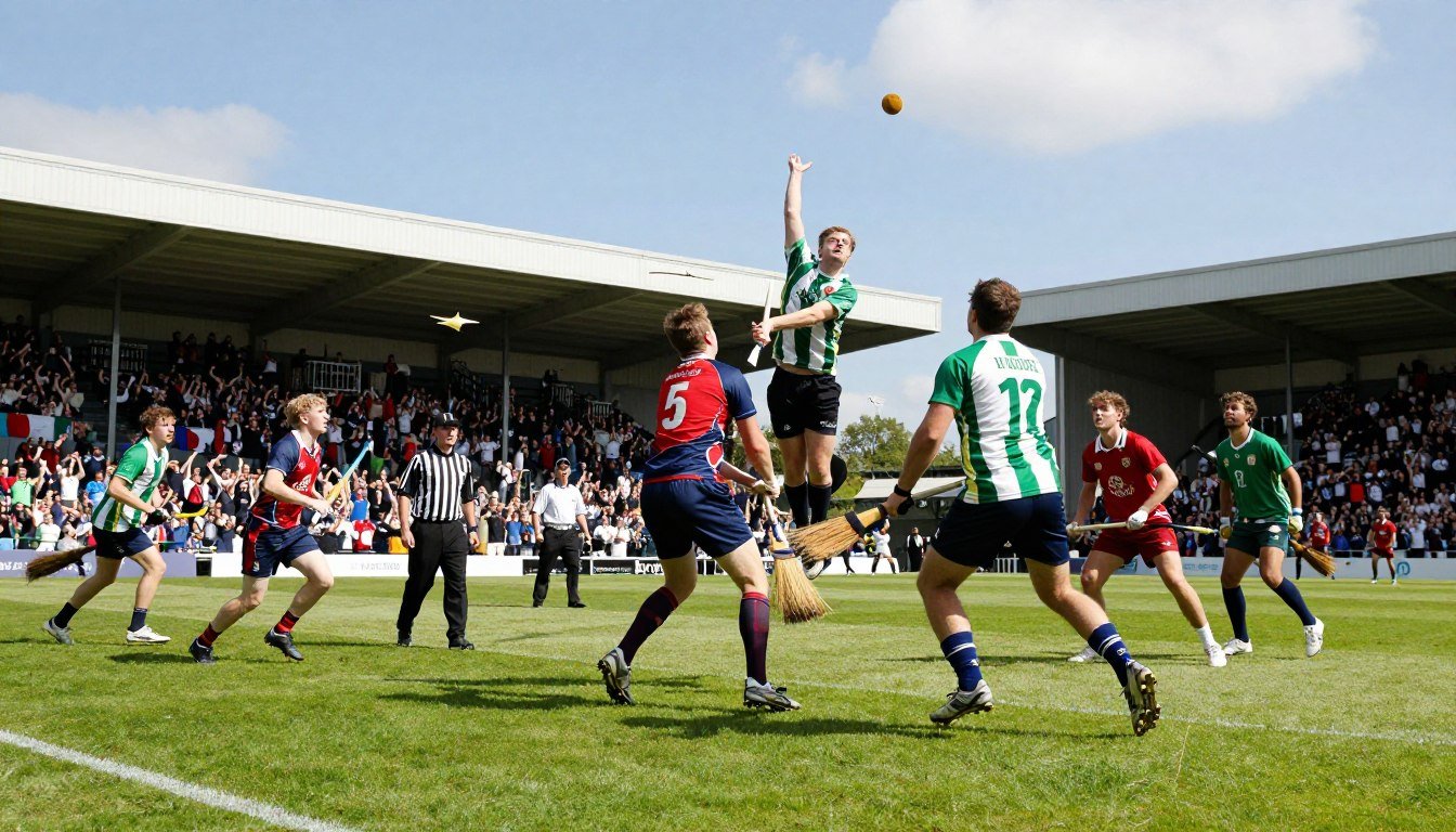 A dynamic scene depicting the basic rules of Quidditch in a vibrant, grassy stadium setting. In the foreground, a diverse group of players, wearing colorful Quidditch uniforms, engage in a spirited game, flying on broomsticks. One player is about to score with a Quaffle, while others attempt to block him in mid-air. The middle layer features referees in professional attire, overseeing the game with determination, and a golden Snitch darting through the air. In the background, enthusiastic spectators cheer from the stands under a bright blue sky. The mood is energetic and competitive, with sunlight illuminating the players, capturing the thrill of the sport. Use a wide-angle lens to enhance the action-packed atmosphere.