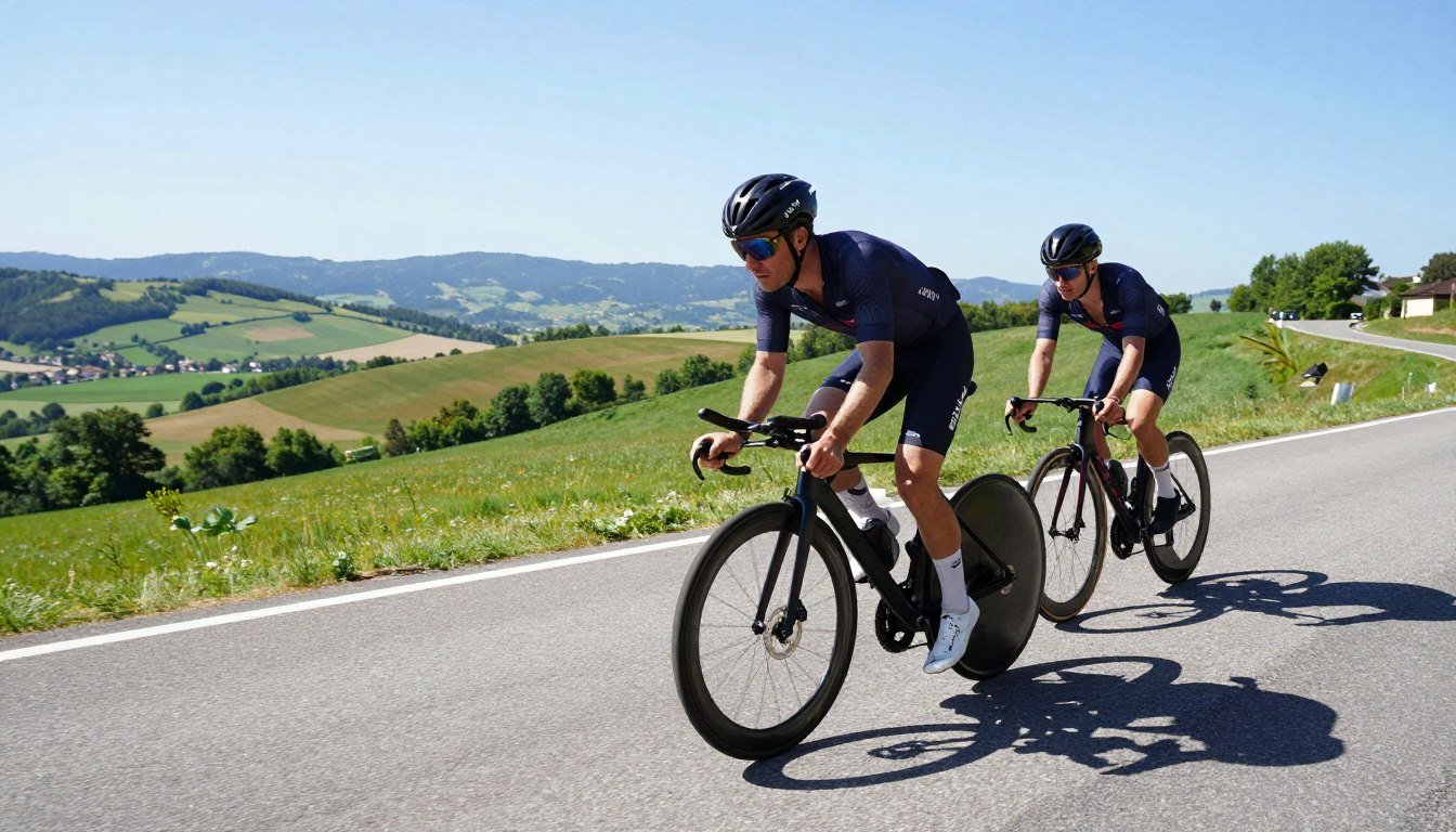 A dynamic scene of two cyclists in professional gear, racing on a smooth road that curves through a picturesque landscape. In the foreground, the cyclist in the lead is slightly turned, exerting effort while the second cyclist closely trails behind, utilizing the drafting technique. Capture the sense of speed and teamwork, emphasizing the benefits of energy savings through drafting. The middle ground showcases a vibrant countryside with rolling hills and greenery under a clear blue sky. In the background, distant mountains can be seen, adding depth to the scene. Use bright, natural lighting to enhance the mood of a sunny day, and include details like tire tracks and shadows cast by the cyclists to ground the image. The angle should be low, providing a dynamic perspective that showcases both cyclists prominently. A dynamic scene of two cyclists in professional gear, racing on a smooth road that curves through a picturesque landscape. In the foreground, the cyclist in the lead is slightly turned, exerting effort while the second cyclist closely trails behind, utilizing the drafting technique. Capture the sense of speed and teamwork, emphasizing the benefits of energy savings through drafting. The middle ground showcases a vibrant countryside with rolling hills and greenery under a clear blue sky. In the background, distant mountains can be seen, adding depth to the scene. Use bright, natural lighting to enhance the mood of a sunny day, and include details like tire tracks and shadows cast by the cyclists to ground the image. The angle should be low, providing a dynamic perspective that showcases both cyclists prominently.