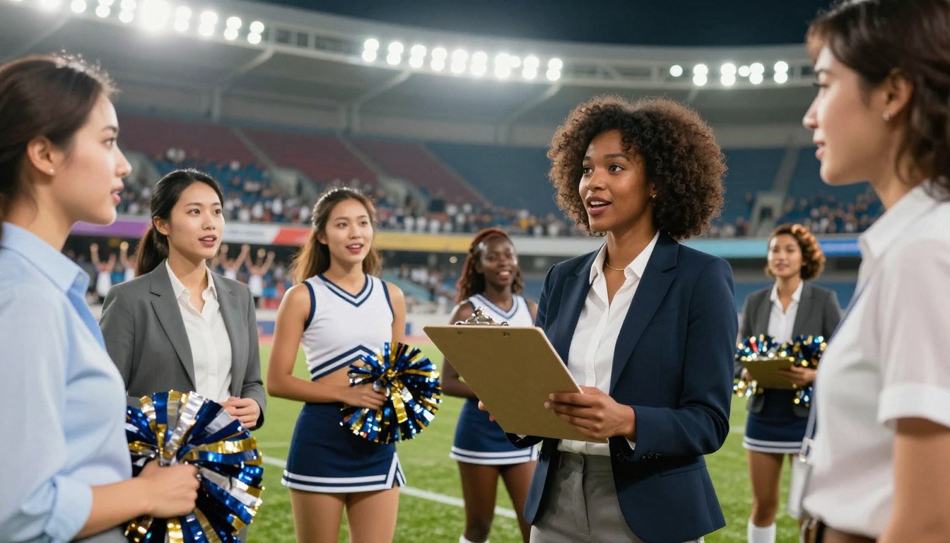 A dynamic scene showcasing a diverse group of cheerleaders in professional business attire, discussing the impact of recent salary increases. In the foreground, a confident African-American cheerleader holds a clipboard, engaging with her colleagues, who reflect expressions of excitement and determination. The middle ground features a few cheerleading uniforms folded neatly, symbolizing their journey. In the background, a vibrant stadium with cheering fans adds to the atmosphere. Bright stadium lights illuminate the scene, creating a warm and hopeful mood. The composition captures the energy and ambition of these athletes as they envision a more financially secure future. Shot from a slightly elevated angle to give a sense of empowerment and community among the cheerleaders.