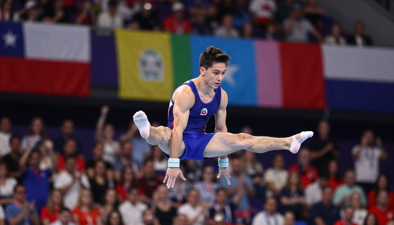 A dynamic sports scene depicting Tomás González, a determined Chilean gymnast, executing a flawless 'Salto González' move in mid-air, showcasing his athleticism. In the foreground, González is captured with precise detail, wearing professional gymnastics attire, his expression focused and intense. The middle ground features a cheering crowd in a vibrant gymnasium, emphasizing the excitement of the moment. In the background, colorful banners represent Chilean pride, with a spotlight illuminating González against a blurred backdrop to enhance the action. The lighting is bright and dramatic, creating a sense of achievement and inspiration. The image conveys a triumphant atmosphere, celebrating his remarkable sports career.