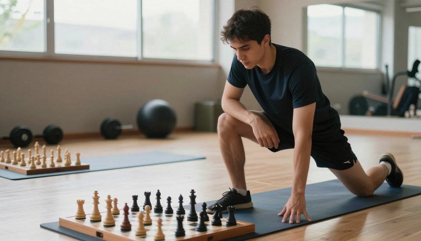 A focused chess player engaged in physical preparation, showcasing a blend of mental and physical training. In the foreground, a determined young adult in professional athletic attire performs stretching exercises, enhancing their coordination and agility. The middle ground features a soft-lit gym environment with yoga mats, weights, and chess boards symbolizing the connection between physical fitness and mental strategy. The background includes large windows through which natural light floods in, creating a calm yet energetic atmosphere. Shot with a wide-angle lens, the scene captures the intensity of preparation while fostering a sense of discipline and concentration, reflecting the serious commitment required for a high-stakes chess tournament. A focused chess player engaged in physical preparation, showcasing a blend of mental and physical training. In the foreground, a determined young adult in professional athletic attire performs stretching exercises, enhancing their coordination and agility. The middle ground features a soft-lit gym environment with yoga mats, weights, and chess boards symbolizing the connection between physical fitness and mental strategy. The background includes large windows through which natural light floods in, creating a calm yet energetic atmosphere. Shot with a wide-angle lens, the scene captures the intensity of preparation while fostering a sense of discipline and concentration, reflecting the serious commitment required for a high-stakes chess tournament.