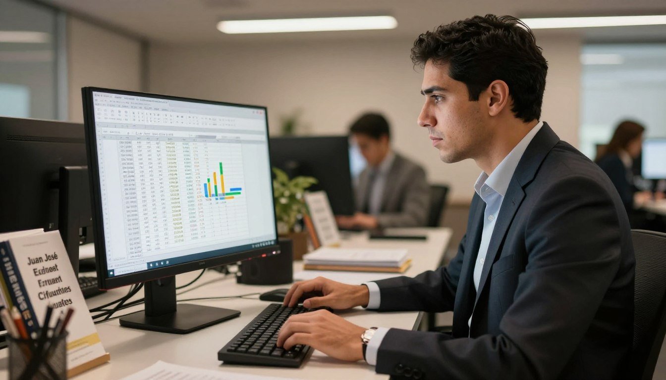 A focused portrait of Juan José “ExcelMan” Cifuentes in a modern, well-lit office environment, showcasing his intense concentration as he works on a large monitor filled with advanced Excel spreadsheets. He is dressed in professional business attire, featuring a tailored suit and a crisp shirt. In the foreground, we see his hands skillfully navigating through data, with charts and formulas highlighted on the screen. The middle ground features an organized desk with Excel-related books and motivational quotes about teamwork and success. In the background, soft bokeh effect with hints of other professionals engaged in similar work, enhancing a competitive yet cooperative atmosphere. Warm, ambient lighting creates a dynamic and motivating mood, emphasizing the seriousness of the Excel championship he is participating in.