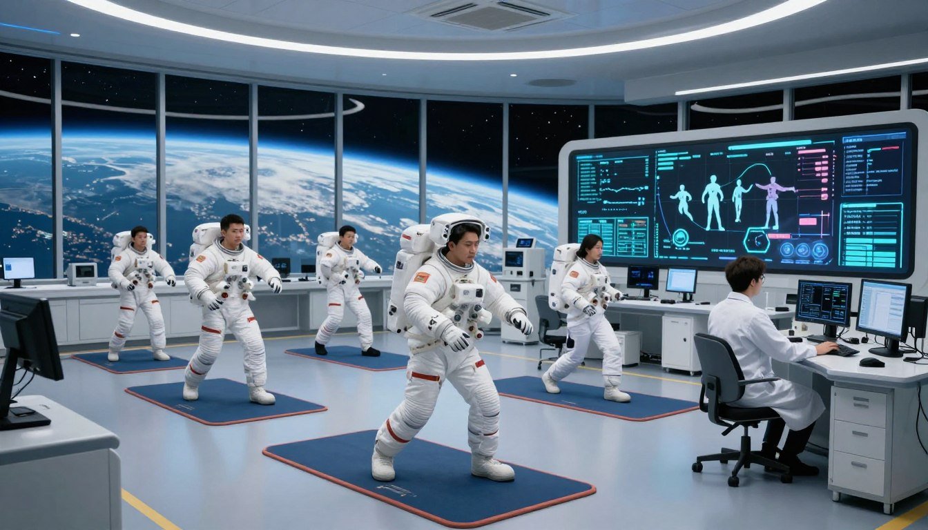 A futuristic medical training facility designed for astronaut preparation, showcasing advanced protocols and technology. In the foreground, a diverse group of astronauts in professional medical attire engaged in rigorous physical training exercises, monitored by scientists in lab coats. The middle ground features state-of-the-art monitoring equipment and holographic displays, illustrating health metrics and exercise routines. The background reveals large windows with views of Earth from space, bathed in soft, ethereal lighting that enhances the atmosphere of innovation and determination. The scene conveys a mood of focused professionalism and the importance of health protocols in space travel. A wide-angle lens captures the dynamic action and depth of the training environment.