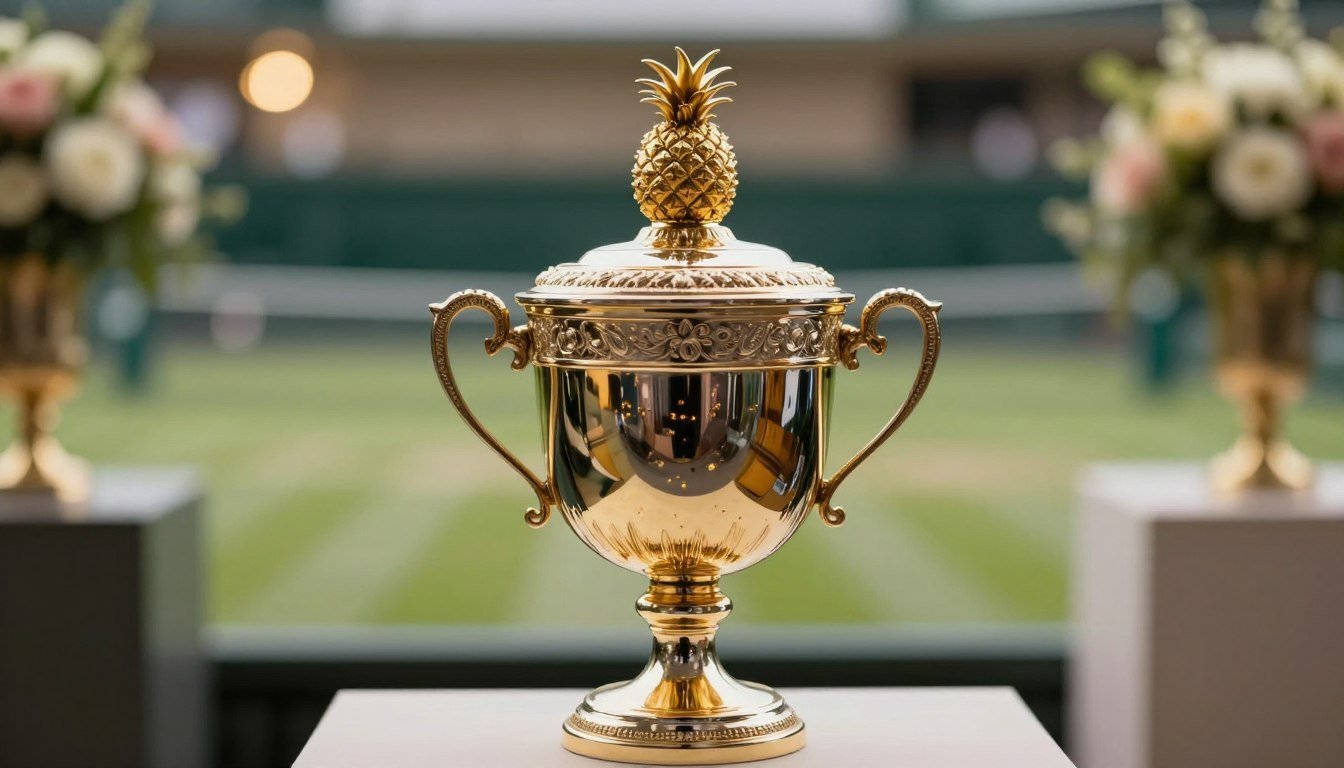 A gleaming men’s singles trophy with an ornate design, prominently featuring a small, intricately detailed pineapple atop its lid. The trophy is displayed in a well-lit, elegant setting, with soft, golden ambient lighting that highlights its polished surface and the pineapple's unique texture. In the foreground, the trophy is centered, capturing the reflection of light on its curves, showcasing both grandeur and craftsmanship. The background is subtly blurred, hinting at a grand indoor venue reminiscent of the Wimbledon arena, with blurred green grass and hint of elegant floral arrangements, creating a sophisticated atmosphere. The overall mood conveys mystery and prestige, inviting viewers to ponder the history and significance of the pineapple in this iconic trophy.