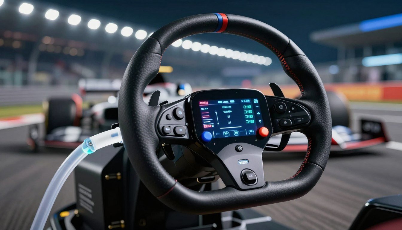 A high-tech Formula 1 steering wheel with an integrated hydration system, designed with sleek, aerodynamic contours, is featured prominently in the foreground. The steering wheel is equipped with intuitive buttons and a digital display showing vital information, emphasizing the sophistication of modern racing engineering. In the background, a blurred view of a high-speed racetrack under bright stadium lights creates a sense of motion and urgency. The lighting should capture the reflective surfaces of the steering wheel, with a slight glow highlighting the hydration nozzle. The overall atmosphere is intense and dynamic, conveying the innovation and precision involved in F1 racing technology. A high-tech Formula 1 steering wheel with an integrated hydration system, designed with sleek, aerodynamic contours, is featured prominently in the foreground. The steering wheel is equipped with intuitive buttons and a digital display showing vital information, emphasizing the sophistication of modern racing engineering. In the background, a blurred view of a high-speed racetrack under bright stadium lights creates a sense of motion and urgency. The lighting should capture the reflective surfaces of the steering wheel, with a slight glow highlighting the hydration nozzle. The overall atmosphere is intense and dynamic, conveying the innovation and precision involved in F1 racing technology.