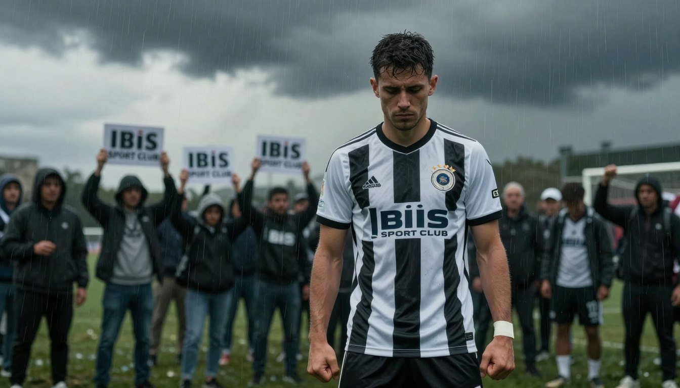 A poignant scene depicting the spirit of the Ibis Sport Club, featuring a determined yet somber football player in a sharp and clean kit, symbolizing the underdog nature of the team. The foreground showcases the player standing with a serious expression, fists clenched, against a backdrop of heavy rain, symbolizing the challenges and negative streaks faced by the club. In the middle ground, blurred silhouettes of cheering fans holding signs of unwavering support can be seen, emphasizing the community backing the team. The background displays a stormy sky, with dark clouds rolling in, capturing a dramatic and tense atmosphere. Soft yet muted lighting casts a melancholic hue across the scene, enhancing the emotional weight, while maintaining realism in the overall portrayal. A poignant scene depicting the spirit of the Ibis Sport Club, featuring a determined yet somber football player in a sharp and clean kit, symbolizing the underdog nature of the team. The foreground showcases the player standing with a serious expression, fists clenched, against a backdrop of heavy rain, symbolizing the challenges and negative streaks faced by the club. In the middle ground, blurred silhouettes of cheering fans holding signs of unwavering support can be seen, emphasizing the community backing the team. The background displays a stormy sky, with dark clouds rolling in, capturing a dramatic and tense atmosphere. Soft yet muted lighting casts a melancholic hue across the scene, enhancing the emotional weight, while maintaining realism in the overall portrayal.