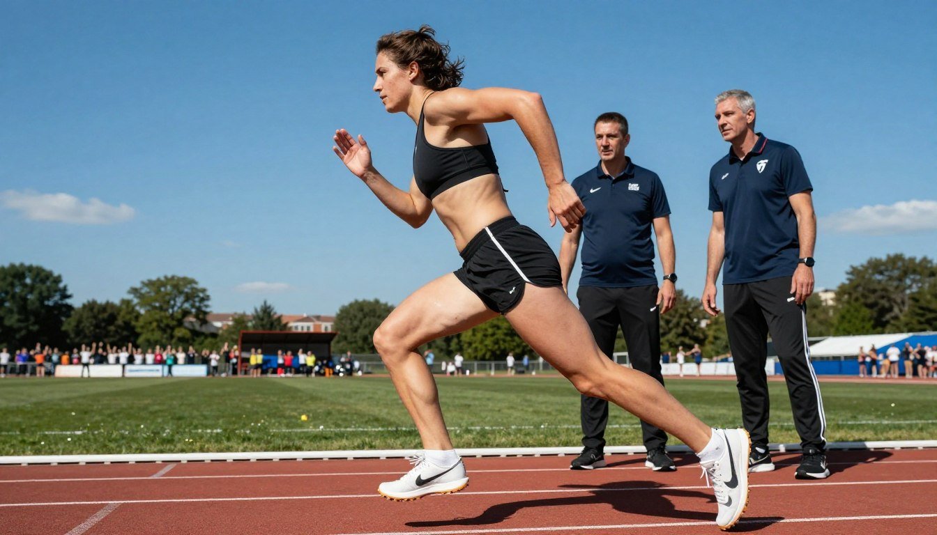 A professional athlete, dressed in modest athletic wear, showcasing symptoms of scoliosis while training on an outdoor track. The foreground features the athlete in a dynamic running pose, emphasizing the curved spine with a focus on athletic determination. In the middle ground, supportive coaching staff observe closely, offering encouragement and advice. The background displays a vibrant blue sky and cheering spectators, conveying a sense of hope and resilience. The lighting is natural, emphasizing the athlete's physique and the intensity of their effort. The scene captures the mood of struggle and triumph, illustrating the impact of scoliosis on a sports career.