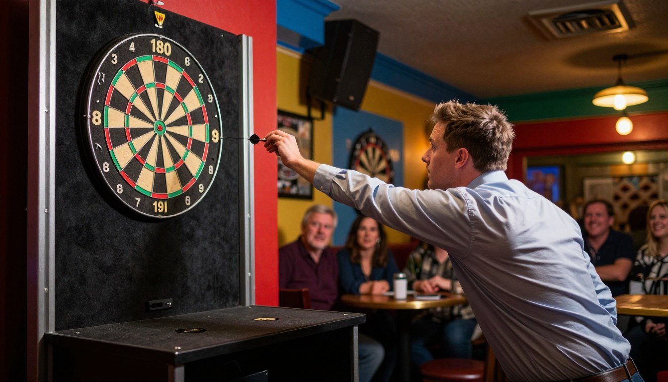 A professional darts player in a bar setting demonstrates throwing technique, aiming intently at a dartboard surrounded by colorful pub décor. In the foreground, capture the player in a focused stance, wearing smart casual attire, with a dart gripped in their hand. The middle ground features a dartboard with vibrant graphics showcasing a score of 180 points, emphasizing the scoring zones. Soft, warm lighting highlights the player and dartboard, creating an inviting atmosphere. In the background, blurred images of cheering spectators and pub tables enhance the lively environment of a darts championship. Use a slightly low angle to accentuate the player's concentration and the action of the throw, capturing the tension and excitement leading up to the perfect score.