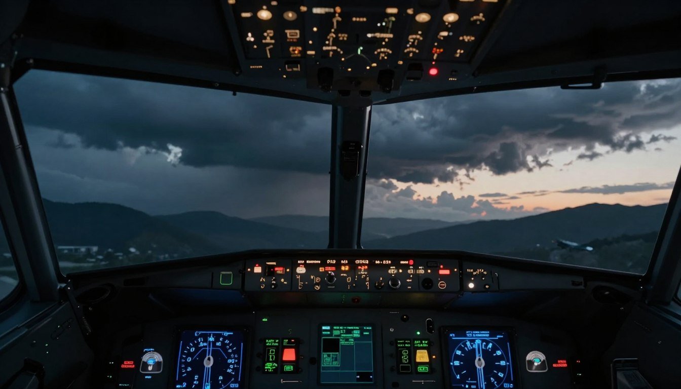A somber scene depicting the timeline of a tragic plane accident, illustrating the final moments of a flight. In the foreground, a detailed cockpit with pilot controls and flickering warning lights, showing signs of distress. In the middle ground, a darkening sky filled with ominous clouds, representing urgency and impending doom. The background features a distant view of a mountainous landscape, hinting at the last approach. The lighting is dim, with twilight casts creating a melancholic mood, evoking a sense of loss. The composition emphasizes emotional weight and reflects the gravity of the event, capturing the essence of a tragic journey cut short, emphasizing despair and reflection.
