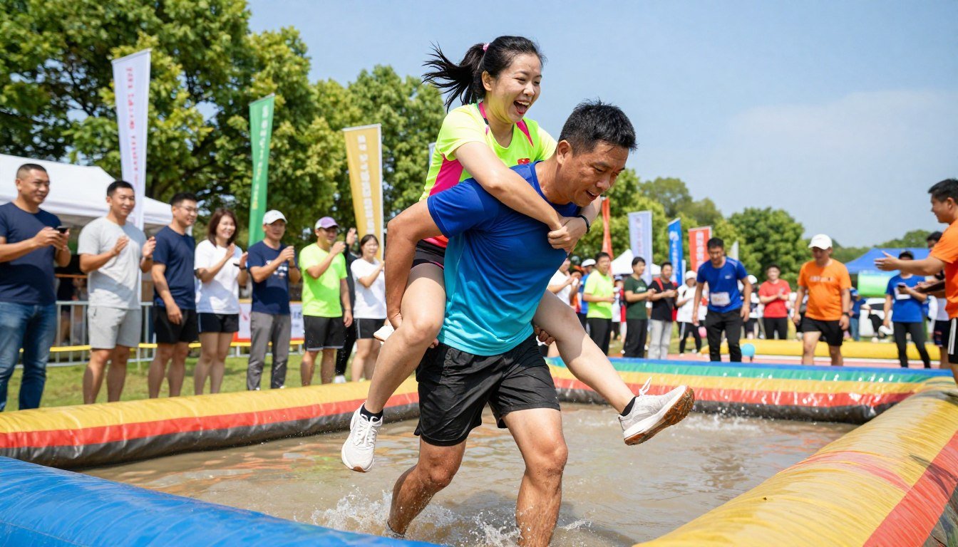 A vibrant and dynamic scene of a wife-carrying race set in a lively outdoor environment. In the foreground, a man in casual athletic clothing is carrying his wife, who is wearing a bright, sporty outfit, both smiling with excitement. They are navigating over a challenging obstacle, such as a small water pit, surrounded by cheering spectators in the middle ground. The background features flags and a festive atmosphere, with trees and a clear blue sky. The lighting is bright and cheerful, enhancing the energetic mood. The angle captures the action from a slightly low perspective, emphasizing movement and excitement, making it feel as though viewers are part of the race.