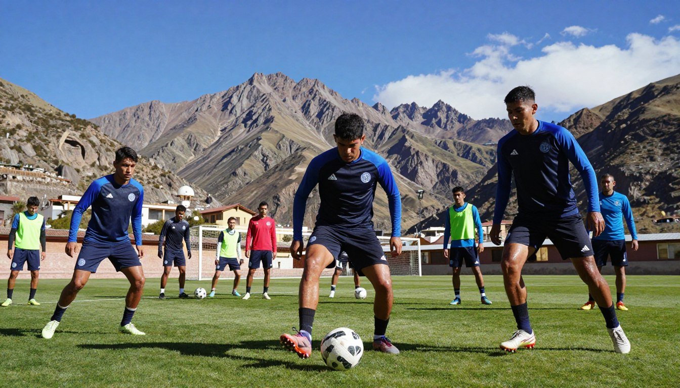 A vibrant soccer training scene set high in the Andes mountains, showcasing athletes in professional sports attire, focusing on their performance at high altitude. The foreground features a diverse group of athletes, demonstrating various soccer drills with intense expressions, clearly focused on their game. The middle ground shows a lush green soccer field with clearly defined goalposts. In the background, the majestic mountains of La Paz rise under a clear blue sky, with wispy clouds at a distance, enhancing the sense of altitude. Use natural sunlight, highlighting the athletes' dynamic movements and sweat glistening on their skin, capturing the mood of determination and resilience. The image is framed from a slightly low angle to emphasize the height of the mountains and the athletes’ efforts.
