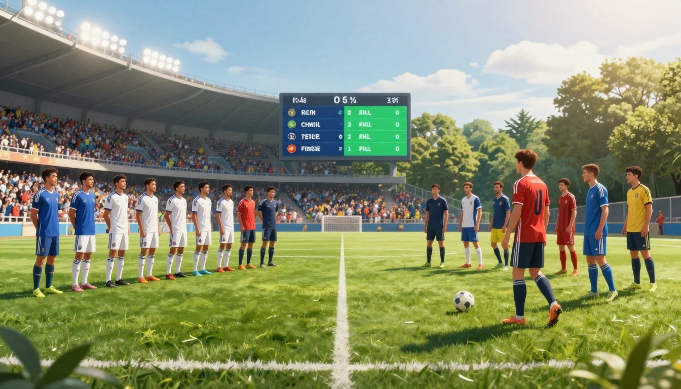 A visually striking illustration contrasting official football records and friendly matches. In the foreground, a detailed soccer match scene: on one side, a scoreboard displaying official match statistics, bright lights illuminating a professional stadium, with players in organized uniforms presenting a disciplined stance. On the opposite side, a friendly match depicted in a more relaxed atmosphere, with players wearing casual jerseys, smiles, and a less formal pitch setting. The background showcases two distinct environments—one a bustling stadium filled with fans, the other a serene local park under soft sunlight. The overall mood is one of healthy debate and analysis, with a blend of competition and camaraderie. Capture this scene with a wide-angle lens effect to emphasize the contrast between the formal and informal aspects of football records.