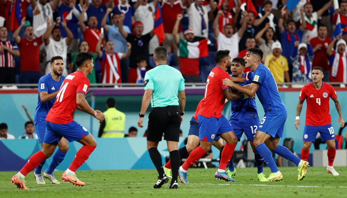 A vivid scene depicting the intense atmosphere of the early moments of a soccer match between Chile and Italy, showcasing chaos and violence on the field. In the foreground, a group of players in vibrant uniforms, one in a red jersey and another in blue, engaged in a fierce clash, with an emphasis on their determined expressions and physical struggle. The middle ground captures a referee signaling a foul, while spectators in the background exhibit a mixture of shock and excitement, waving flags and displaying passionate reactions. The image is bathed in dramatic lighting, highlighting the tension, with a slightly blurred background to create depth and focus on the action. The perspective should be from a low angle, making the players appear larger than life, encapsulating the gripping atmosphere of these initial incidents.