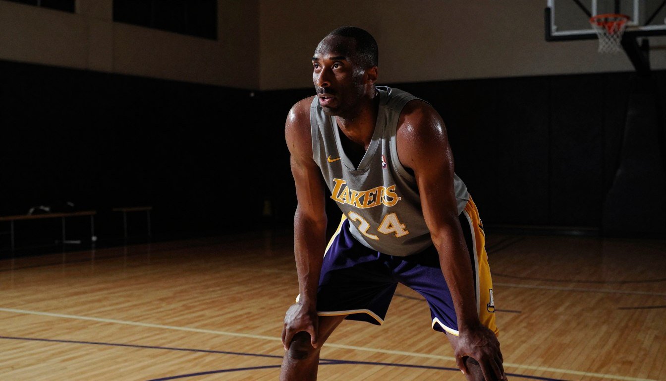 Kobe Bryant in an intense morning training session at 4 AM, embodying the "Mamba Mentality." In the foreground, he is depicted mid-drill, focused and determined, wearing a fitted athletic tank top and shorts, showcasing his muscular build. His expression reflects dedication and discipline. In the middle ground, dim gym lighting highlights sweat glistening on his skin, casting dramatic shadows that evoke a sense of solitude and intensity. In the background, a quiet, empty basketball court with faint outlines of equipment, emphasizing the early hour. The atmosphere is charged with energy and purpose, aiming for a cinematic perspective with a slight low angle, enhancing Kobe's commanding presence.