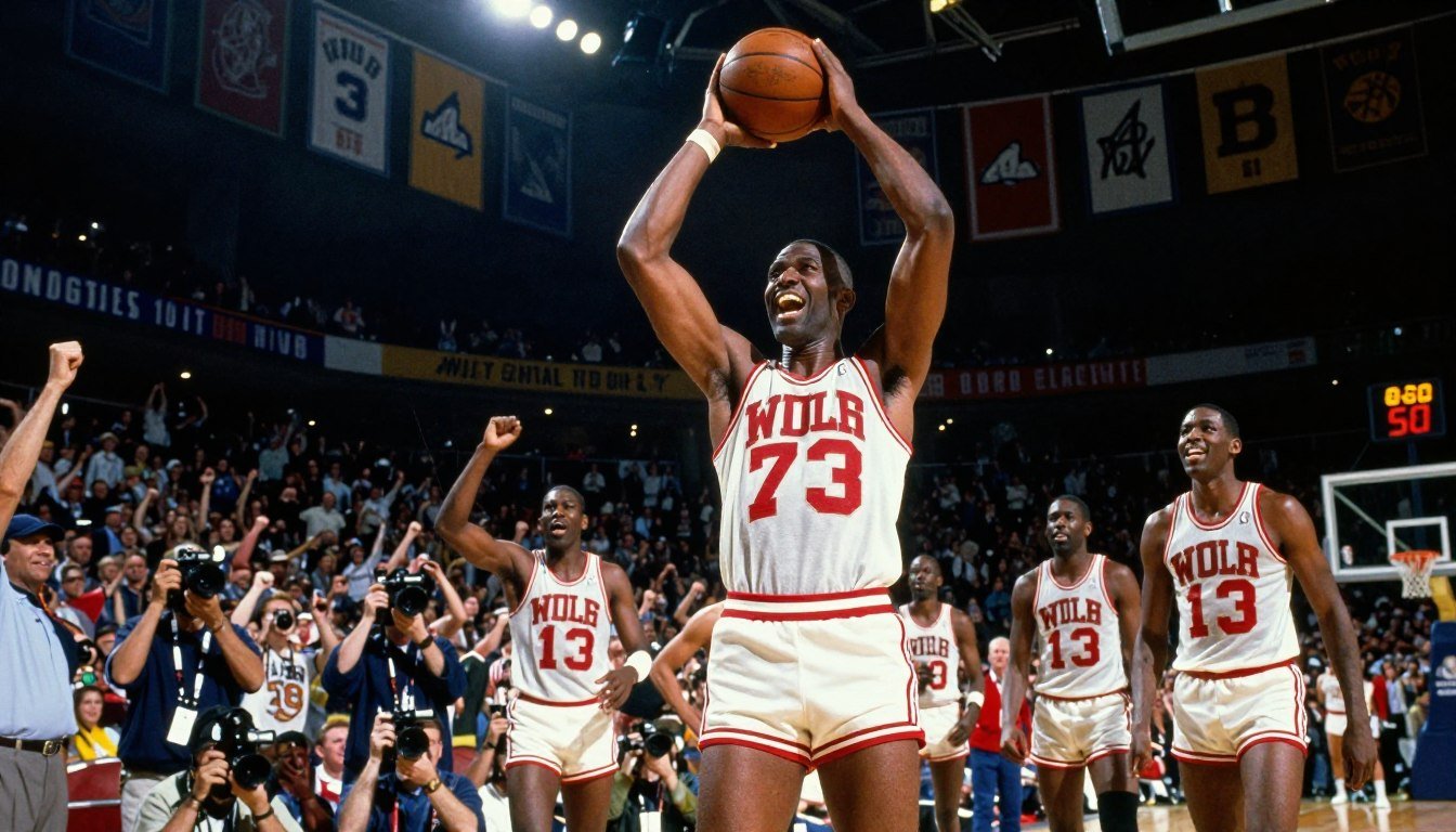 Wilt Chamberlain, dressed in vintage NBA attire, joyfully celebrates on the basketball court after scoring 100 points in a game, showcasing an iconic moment from sports history. In the foreground, he holds the ball high with a triumphant expression, surrounded by his teammates and fans cheering in the background. The middle ground features a crowded arena filled with enthusiastic spectators and flashing cameras capturing the atmosphere. The background showcases the classic basketball court with vibrant team banners and bright arena lights illuminating the scene. The composition is dynamic, with a low-angle view to emphasize Chamberlain's excitement and the intensity of the moment. The mood is electric and celebratory, reflecting a historic achievement in sports. Wilt Chamberlain, dressed in vintage NBA attire, joyfully celebrates on the basketball court after scoring 100 points in a game, showcasing an iconic moment from sports history. In the foreground, he holds the ball high with a triumphant expression, surrounded by his teammates and fans cheering in the background. The middle ground features a crowded arena filled with enthusiastic spectators and flashing cameras capturing the atmosphere. The background showcases the classic basketball court with vibrant team banners and bright arena lights illuminating the scene. The composition is dynamic, with a low-angle view to emphasize Chamberlain's excitement and the intensity of the moment. The mood is electric and celebratory, reflecting a historic achievement in sports.