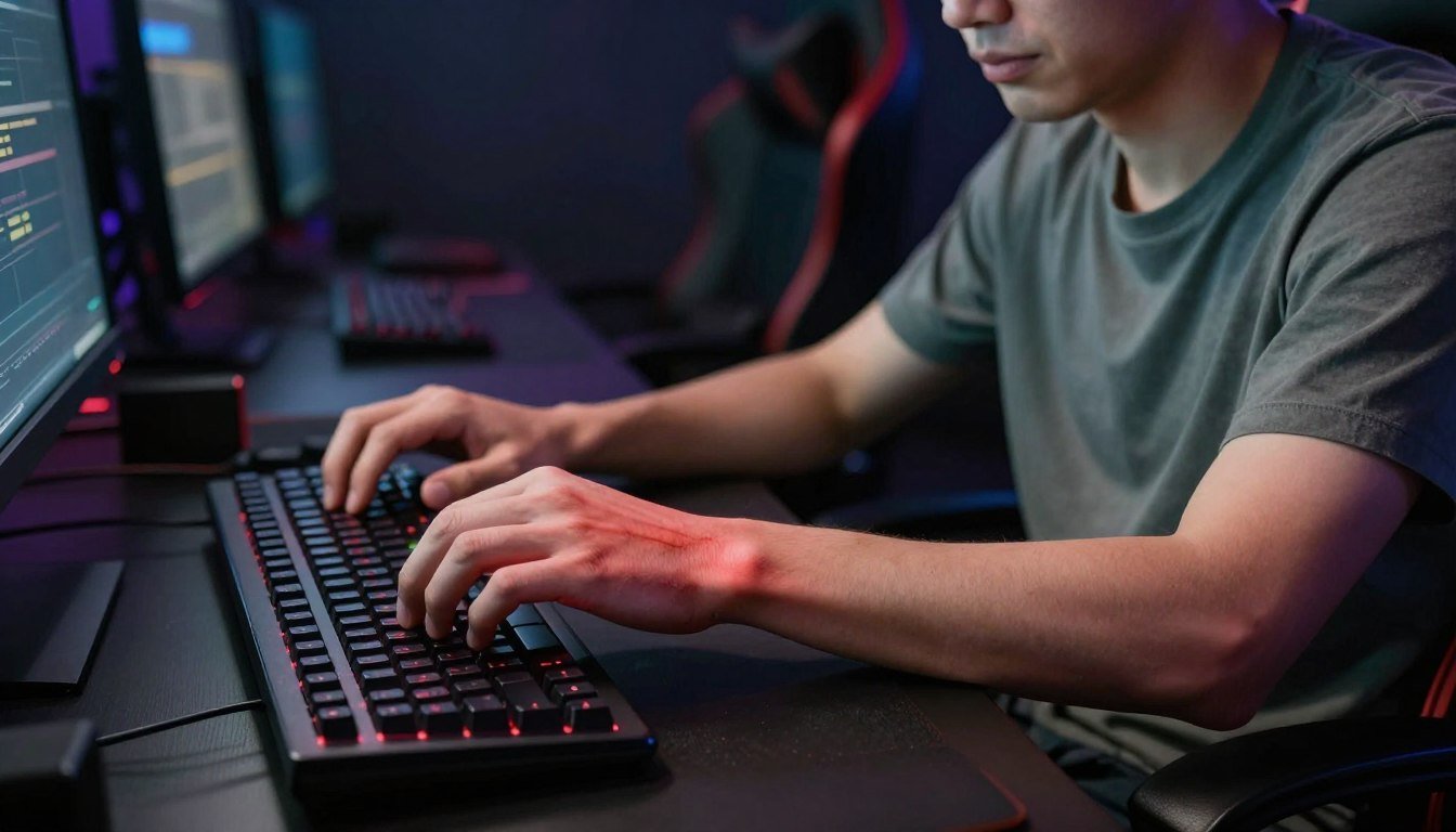 A close-up of a gamer seated at a desk, their hands resting on a worn gaming keyboard, highlighting visible wrist and elbow injuries. The gamer, a young adult in modest casual clothing, has a pained expression, illustrating the physical toll of prolonged gaming. Bright, focused lighting illuminates their wrists, showcasing swelling and redness, while the background contains a dimly lit room filled with gaming equipment, like consoles and monitors, creating a slightly chaotic atmosphere. A subtle lens blur enhances the focus on the injuries, emphasizing the seriousness of gaming-related ailments. The overall mood is somber and reflective, capturing the hidden struggles faced by gamers in the eSports community. A close-up of a gamer seated at a desk, their hands resting on a worn gaming keyboard, highlighting visible wrist and elbow injuries. The gamer, a young adult in modest casual clothing, has a pained expression, illustrating the physical toll of prolonged gaming. Bright, focused lighting illuminates their wrists, showcasing swelling and redness, while the background contains a dimly lit room filled with gaming equipment, like consoles and monitors, creating a slightly chaotic atmosphere. A subtle lens blur enhances the focus on the injuries, emphasizing the seriousness of gaming-related ailments. The overall mood is somber and reflective, capturing the hidden struggles faced by gamers in the eSports community.