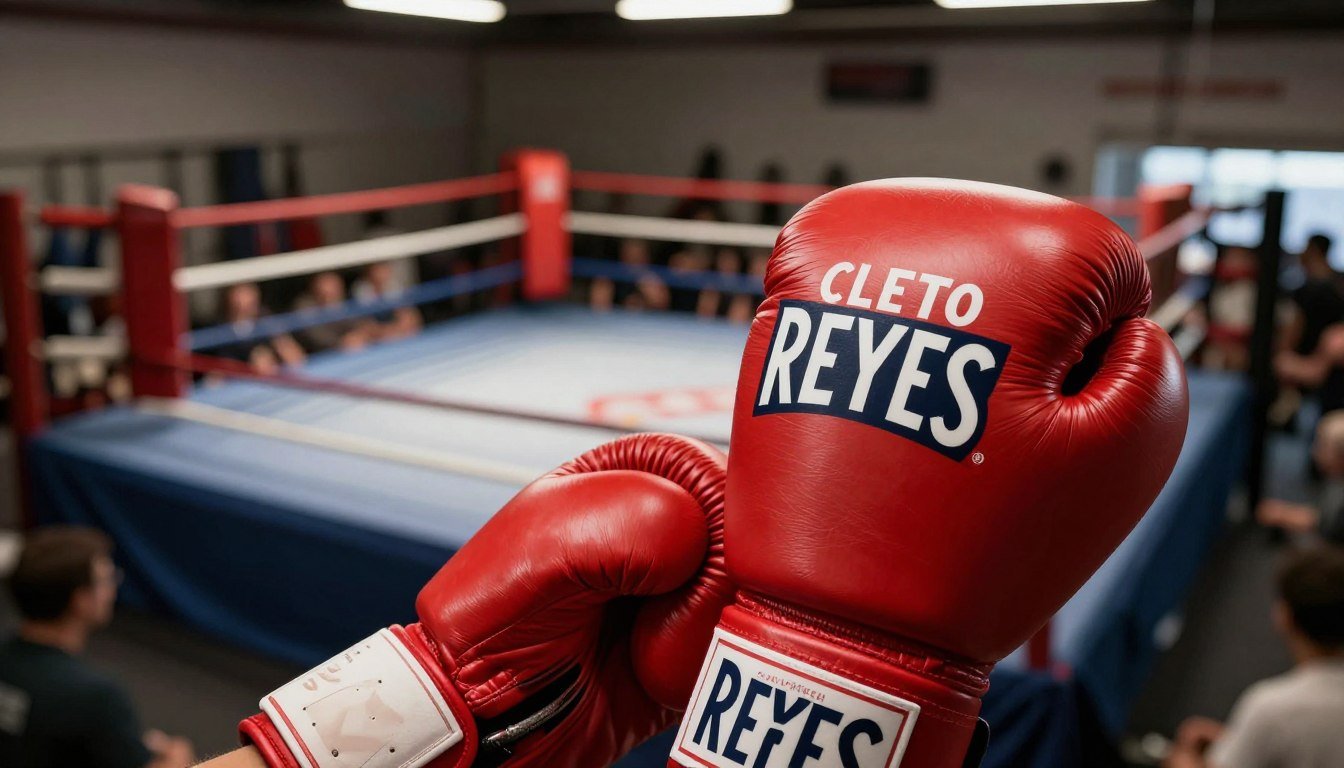 A close-up view of a pair of Cleto Reyes boxing gloves, showcasing the rich texture and detail of the leather. The gloves should be prominently displayed in the foreground, with soft, natural lighting highlighting their vibrant red color and distinctive logo. In the middle ground, a faded boxing ring can be subtly depicted, surrounded by a blurred audience to convey the excitement of a boxing match. The background should feature a dimly lit gym ambiance, with equipment and shadows creating a sense of depth. The overall mood is one of intensity and anticipation, reflecting the superstitions and strategic choices behind glove selection in boxing.