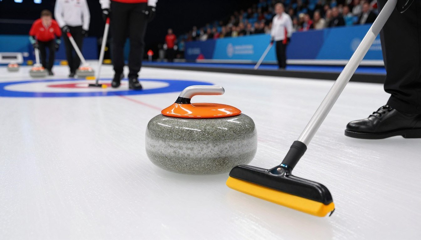 A close-up view of advanced curling equipment on an arena ice surface, showcasing high-tech curling stones with sleek, polished designs in vibrant colors. In the foreground, a well-designed broom lies ready, featuring ergonomic grips and cutting-edge bristle materials. The middle ground highlights players in professional attire, intensely focusing on their technique while sweeping the ice, their expressions conveying concentration and teamwork. The background features a clear view of an illuminated curling rink, spotlighting the unique texture of the ice and the surrounding stands filled with spectators. Use soft, diffused lighting to create a bright, engaging atmosphere, capturing the excitement and precision of the sport. The angle should be slightly elevated, emphasizing the strategic elements of the game and the technology involved. A close-up view of advanced curling equipment on an arena ice surface, showcasing high-tech curling stones with sleek, polished designs in vibrant colors. In the foreground, a well-designed broom lies ready, featuring ergonomic grips and cutting-edge bristle materials. The middle ground highlights players in professional attire, intensely focusing on their technique while sweeping the ice, their expressions conveying concentration and teamwork. The background features a clear view of an illuminated curling rink, spotlighting the unique texture of the ice and the surrounding stands filled with spectators. Use soft, diffused lighting to create a bright, engaging atmosphere, capturing the excitement and precision of the sport. The angle should be slightly elevated, emphasizing the strategic elements of the game and the technology involved.