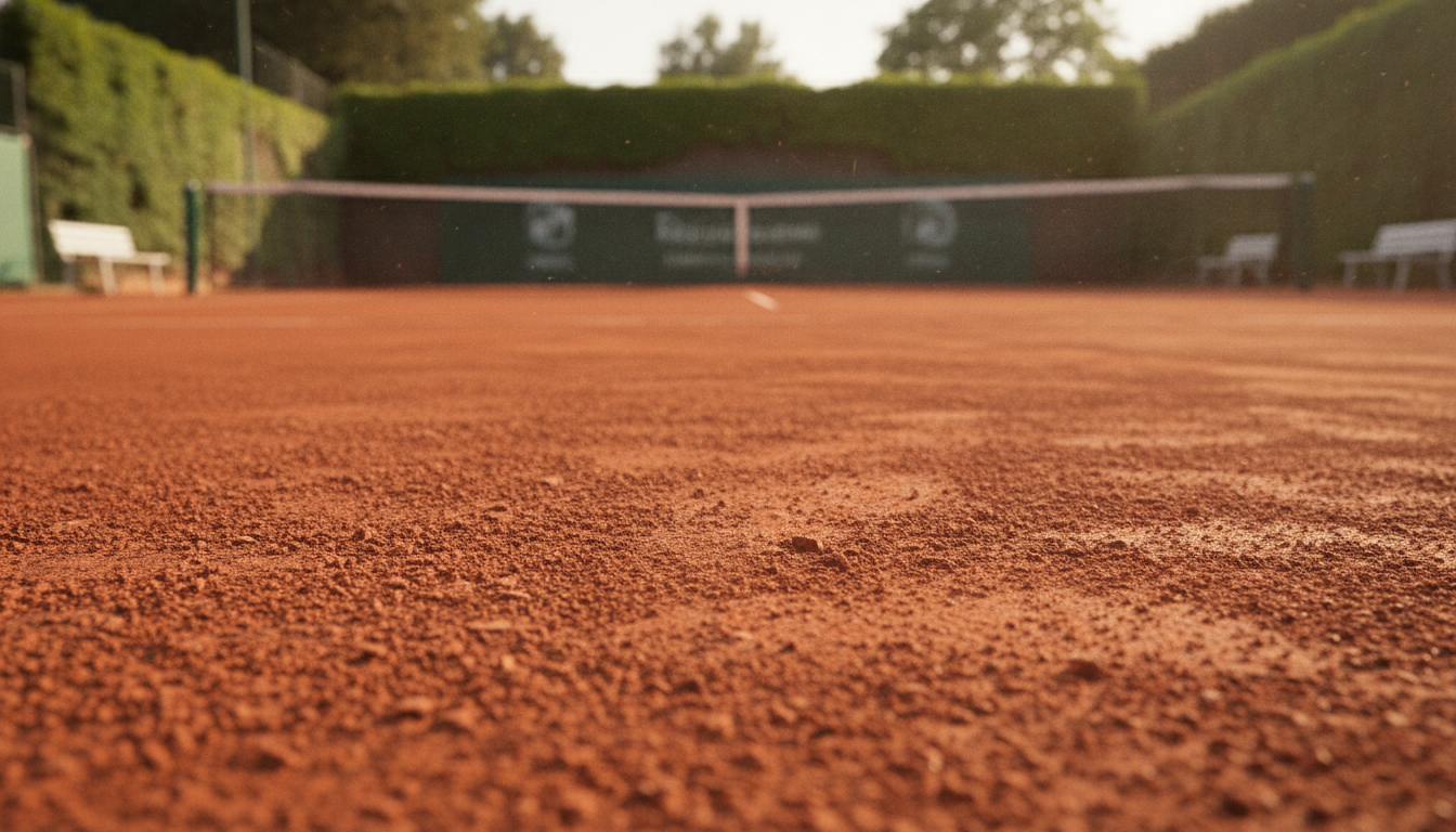 A close-up view of the distinctive red clay surface of the Roland Garros tennis courts, showcasing the fine particles and texture that differentiate it from typical dirt. In the foreground, highlight the intricacies of the crushed brick and natural minerals, with grains of dust suspended slightly in the air, illuminated by soft, warm sunlight. The middle ground features a blurred outline of a tennis court, with the iconic green net and bright white lines in the background, hinting at the historical significance of the venue. The atmosphere is serene and inviting, evoking the excitement and tradition of the French Open, with lush greenery surrounding the court, contrasting against the vibrant red clay. Capture this scene from a low angle to emphasize the ground texture, with a shallow depth of field for a professional and polished look.