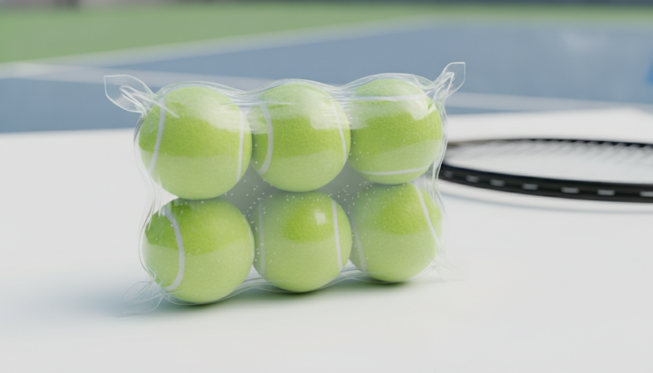 A close-up view of vacuum-sealed tennis balls, arranged neatly in a transparent plastic package. The package should be displayed on a clean, white surface, highlighting the shiny texture and vibrant green color of the balls. Soft, diffused natural light illuminates the scene, creating gentle reflections on the plastic and emphasizing the freshness of the contents. In the background, subtle hints of a sports setting, like a blurred tennis court or racket, add context without distraction. The focus is sharp on the vacuum-sealed package, with a slight depth of field effect to draw attention to the contrasting textures of the smooth plastic and the fluffy surface of the tennis balls. The overall mood is clean, modern, and scientifically intriguing, reflecting the subject matter of tennis ball preservation.
