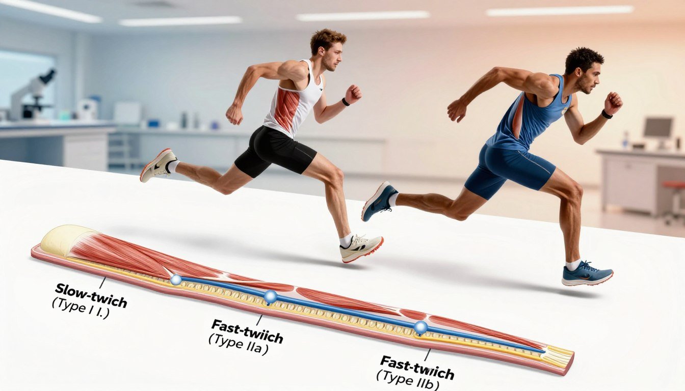 A detailed illustration depicting the classification of muscle fibers in a scientific and educational style. In the foreground, feature clear, labeled diagrams of three types of muscle fibers: slow-twitch (Type I), fast-twitch (Type IIa), and fast-twitch (Type IIb), each with distinct characteristics highlighted. The middle ground should show a dynamic split between a marathon runner and a sprinter in action, representing the adaptations of each muscle fiber type, dressed in professional athletic gear. In the background, soft gradient lighting creates an inspiring atmosphere, emphasizing a well-lit laboratory or training environment. Use a slight downward angle to capture the subjects in motion, enhancing the sense of energy and focus. The overall mood should be informative and motivating, encouraging viewers to understand the complexities of muscle fiber genetics. A detailed illustration depicting the classification of muscle fibers in a scientific and educational style. In the foreground, feature clear, labeled diagrams of three types of muscle fibers: slow-twitch (Type I), fast-twitch (Type IIa), and fast-twitch (Type IIb), each with distinct characteristics highlighted. The middle ground should show a dynamic split between a marathon runner and a sprinter in action, representing the adaptations of each muscle fiber type, dressed in professional athletic gear. In the background, soft gradient lighting creates an inspiring atmosphere, emphasizing a well-lit laboratory or training environment. Use a slight downward angle to capture the subjects in motion, enhancing the sense of energy and focus. The overall mood should be informative and motivating, encouraging viewers to understand the complexities of muscle fiber genetics.