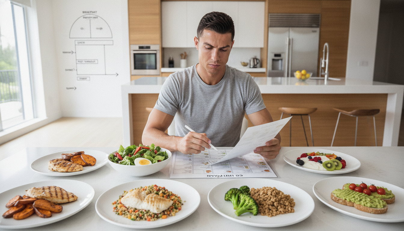 A detailed scene representing Cristiano Ronaldo's extreme diet regime. In the foreground, a beautifully arranged table filled with healthy foods, including grilled chicken, quinoa, fresh vegetables, and fruits, showcasing six different meals elegantly presented on fine plates. In the middle, a focused Cristiano Ronaldo is depicted in a modest athletic outfit, studying a meal plan, with an emphasis on his serious expression and determination. The background features a well-lit modern kitchen with a glimpse of a nutrition chart on the wall, highlighting the importance of meal timing. Soft, natural lighting enhances the atmosphere, creating a motivational and vibrant mood, emphasizing health and discipline in his lifestyle. A slightly elevated angle captures the essence of his commitment and the vibrant colors of the nutritious foods. A detailed scene representing Cristiano Ronaldo's extreme diet regime. In the foreground, a beautifully arranged table filled with healthy foods, including grilled chicken, quinoa, fresh vegetables, and fruits, showcasing six different meals elegantly presented on fine plates. In the middle, a focused Cristiano Ronaldo is depicted in a modest athletic outfit, studying a meal plan, with an emphasis on his serious expression and determination. The background features a well-lit modern kitchen with a glimpse of a nutrition chart on the wall, highlighting the importance of meal timing. Soft, natural lighting enhances the atmosphere, creating a motivational and vibrant mood, emphasizing health and discipline in his lifestyle. A slightly elevated angle captures the essence of his commitment and the vibrant colors of the nutritious foods.