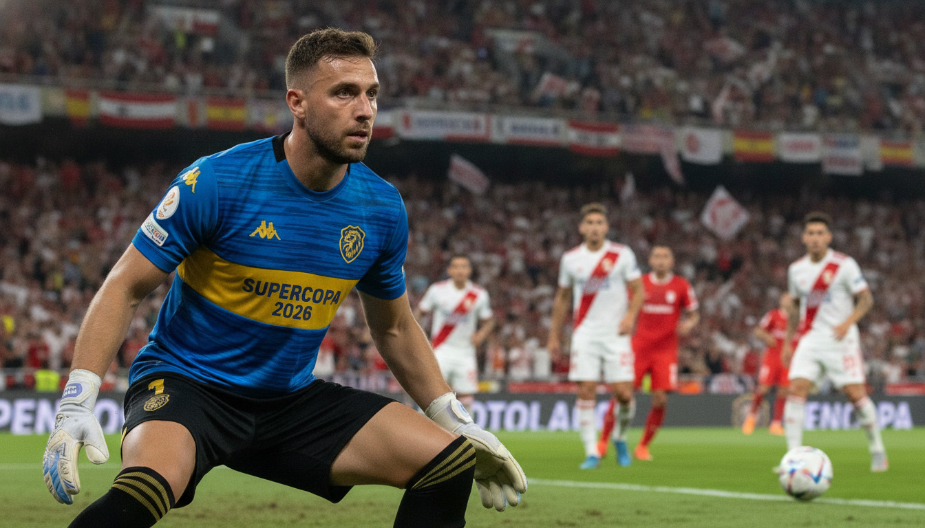 A determined soccer goalkeeper without gloves stands ready to defend his goal during a dramatic match in the Supercopa 2026. In the foreground, his focused expression conveys intensity as he prepares to leap. He wears a traditional soccer kit, complete with vibrant team colors, and sweat glistens on his brow, highlighting the pressure of the moment. The middle ground showcases a blurred action of players charging forward, blurring the lines between determination and desperation. In the background, a packed stadium erupts in cheers, with colorful banners waving in the air. The lighting is bright and dramatic, emphasizing the player’s muscular physique and enhancing the atmosphere of excitement and tension. The shot is taken from a dynamic low angle, capturing the thrill of the game as he braces for an impending shot. A determined soccer goalkeeper without gloves stands ready to defend his goal during a dramatic match in the Supercopa 2026. In the foreground, his focused expression conveys intensity as he prepares to leap. He wears a traditional soccer kit, complete with vibrant team colors, and sweat glistens on his brow, highlighting the pressure of the moment. The middle ground showcases a blurred action of players charging forward, blurring the lines between determination and desperation. In the background, a packed stadium erupts in cheers, with colorful banners waving in the air. The lighting is bright and dramatic, emphasizing the player’s muscular physique and enhancing the atmosphere of excitement and tension. The shot is taken from a dynamic low angle, capturing the thrill of the game as he braces for an impending shot.