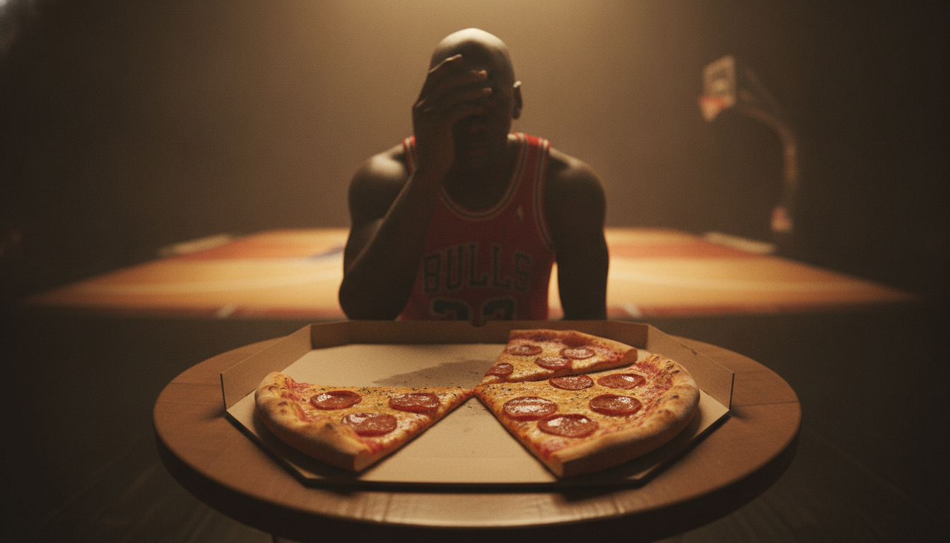A dimly lit room with a small round table in the foreground, featuring a half-eaten pizza with a few slices remaining, showing bubbling cheese and tantalizing toppings. The pizza is in focus, highlighting its deliciousness with a glistening sheen. In the middle, a silhouette of a wearied athlete, resembling Michael Jordan but not explicitly, is hunched over, one hand on his forehead, conveying discomfort and exhaustion. Behind him, shadows suggest the outline of a basketball court, subtly illuminated by soft, warm lights. The atmosphere is tense yet dramatic, capturing the essence of a historic moment just before a crucial game. Use a cinematic angle that emphasizes the tension and mystery, akin to an intense sports documentary. A dimly lit room with a small round table in the foreground, featuring a half-eaten pizza with a few slices remaining, showing bubbling cheese and tantalizing toppings. The pizza is in focus, highlighting its deliciousness with a glistening sheen. In the middle, a silhouette of a wearied athlete, resembling Michael Jordan but not explicitly, is hunched over, one hand on his forehead, conveying discomfort and exhaustion. Behind him, shadows suggest the outline of a basketball court, subtly illuminated by soft, warm lights. The atmosphere is tense yet dramatic, capturing the essence of a historic moment just before a crucial game. Use a cinematic angle that emphasizes the tension and mystery, akin to an intense sports documentary.