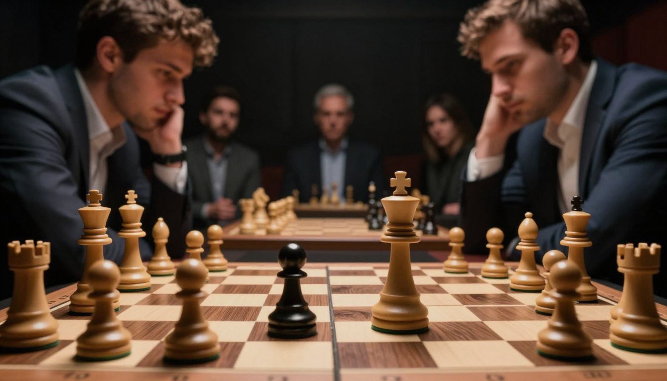 A dramatic chess scene depicting a pawn being captured "en passant" during an intense tournament match. In the foreground, a close-up of the chessboard reveals the two pawns in action, one moving diagonally, the other being captured. The pieces are intricately designed, showcasing fine details and textures. In the middle ground, two focused chess players are positioned at opposite sides of the board, dressed in smart casual attire, deeply engaged in the game, with expressions of concentration. The background features a dimly lit room filled with spectators, softly blurred to emphasize the action. The lighting casts dramatic shadows across the board, enhancing the tension of the moment. The overall atmosphere is intense and contemplative, capturing the essence of chess strategy and the surprise of the "en passant" rule in play. A dramatic chess scene depicting a pawn being captured "en passant" during an intense tournament match. In the foreground, a close-up of the chessboard reveals the two pawns in action, one moving diagonally, the other being captured. The pieces are intricately designed, showcasing fine details and textures. In the middle ground, two focused chess players are positioned at opposite sides of the board, dressed in smart casual attire, deeply engaged in the game, with expressions of concentration. The background features a dimly lit room filled with spectators, softly blurred to emphasize the action. The lighting casts dramatic shadows across the board, enhancing the tension of the moment. The overall atmosphere is intense and contemplative, capturing the essence of chess strategy and the surprise of the "en passant" rule in play.