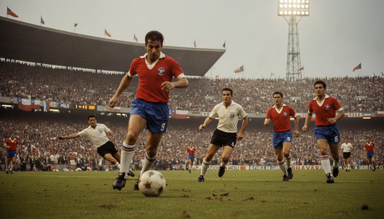 A dramatic scene depicting the Chilean national football team in action during the 1962 World Cup, showcasing their determination and skill. In the foreground, a player in a red jersey dribbles the ball, focused and intense, with sweat visible on his brow. The middle ground features teammates in vibrant blue shorts, energetically supporting him, while opposing players in white jerseys attempt to block. The background should capture a packed stadium, filled with cheering fans waving flags, their faces filled with anticipation and excitement. The atmosphere is electric, illuminated by bright stadium lights casting dynamic shadows. The angle should be slightly low, emphasizing the players’ athleticism and the grandeur of the event, evoking a sense of historic pride and unity among the spectators.