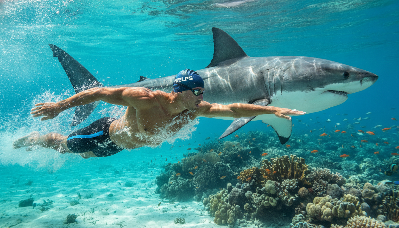 A dynamic and dramatic scene depicting a close race between Michael Phelps, wearing a sleek, professional swim cap and goggles, and a magnificent great white shark gliding through crystalline turquoise waters. In the foreground, Phelps is captured mid-stroke, displaying powerful athleticism and determination, droplets of water scattering around him. The shark, showcasing its striking dorsal fin and streamlined body, swims alongside him in a display of nature's raw power. In the middle ground, vibrant coral reefs and a school of small fish create an intriguing underwater environment. Soft sunlight filters down from the surface, casting dappled patterns on the ocean floor, enhancing the suspenseful atmosphere of this extraordinary contest. The image should convey excitement and realism, emphasizing the electric competition between human achievement and natural instinct.